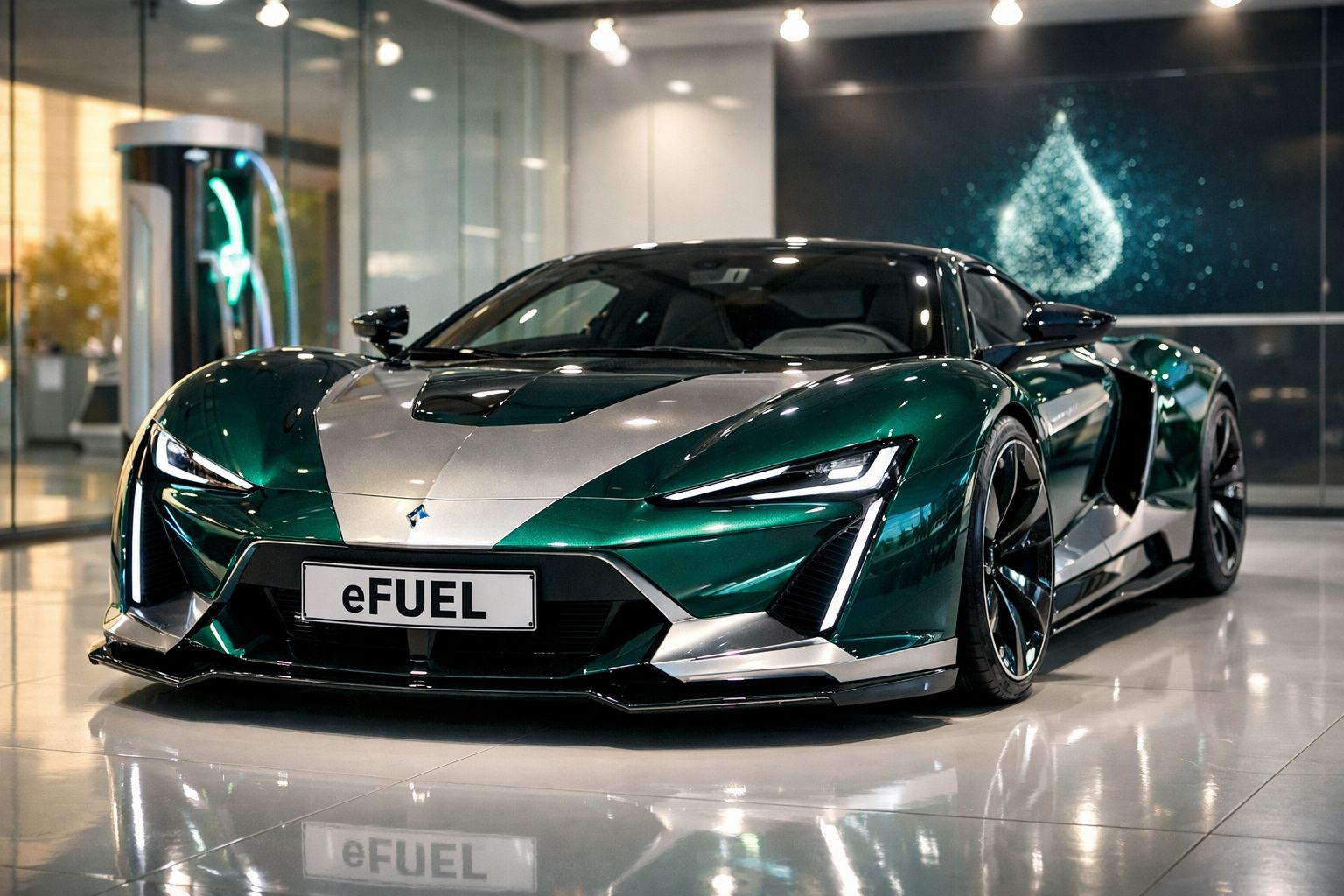 Carro desportivo elétrico verde e cinzento com placa eFUEL em exposição interior moderna.