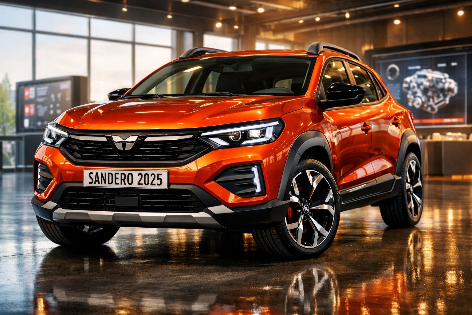 Carro Sandero 2025 laranja metalizado exposto num showroom moderno com iluminação interior.