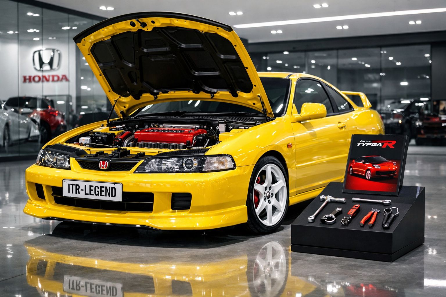 Honda Integra Type R amarelo com capô aberto e ferramentas expostas ao lado numa oficina moderna.