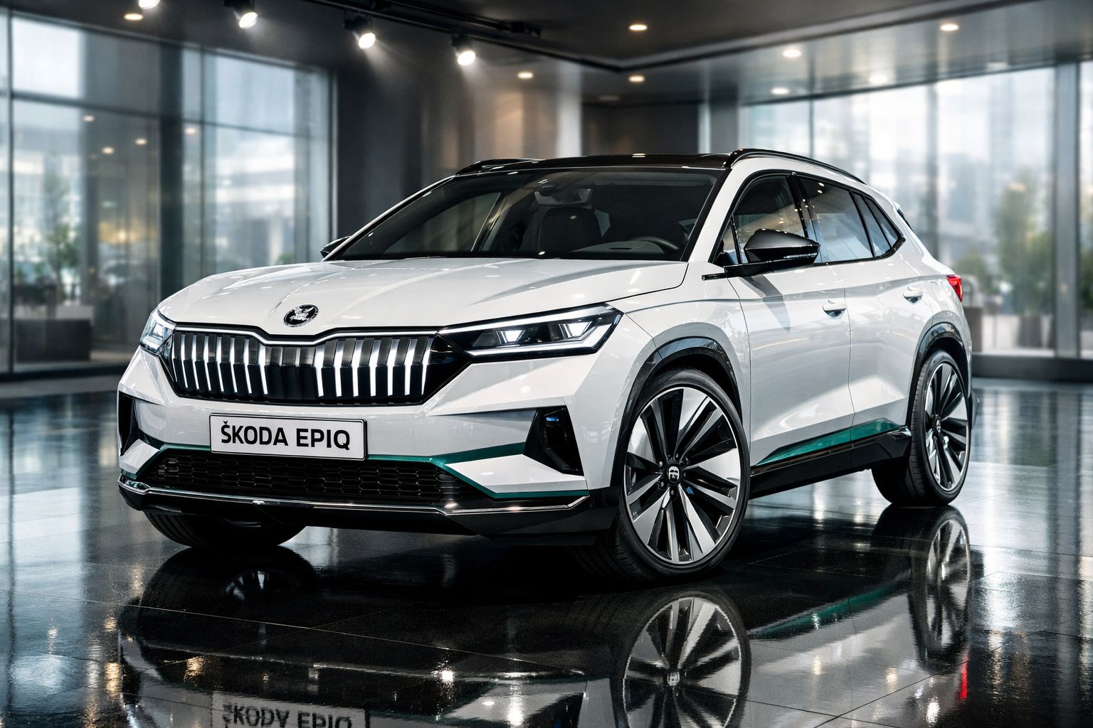 SUV branco Škoda Epiq estacionado em piso interior com janelas de vidro ao fundo.