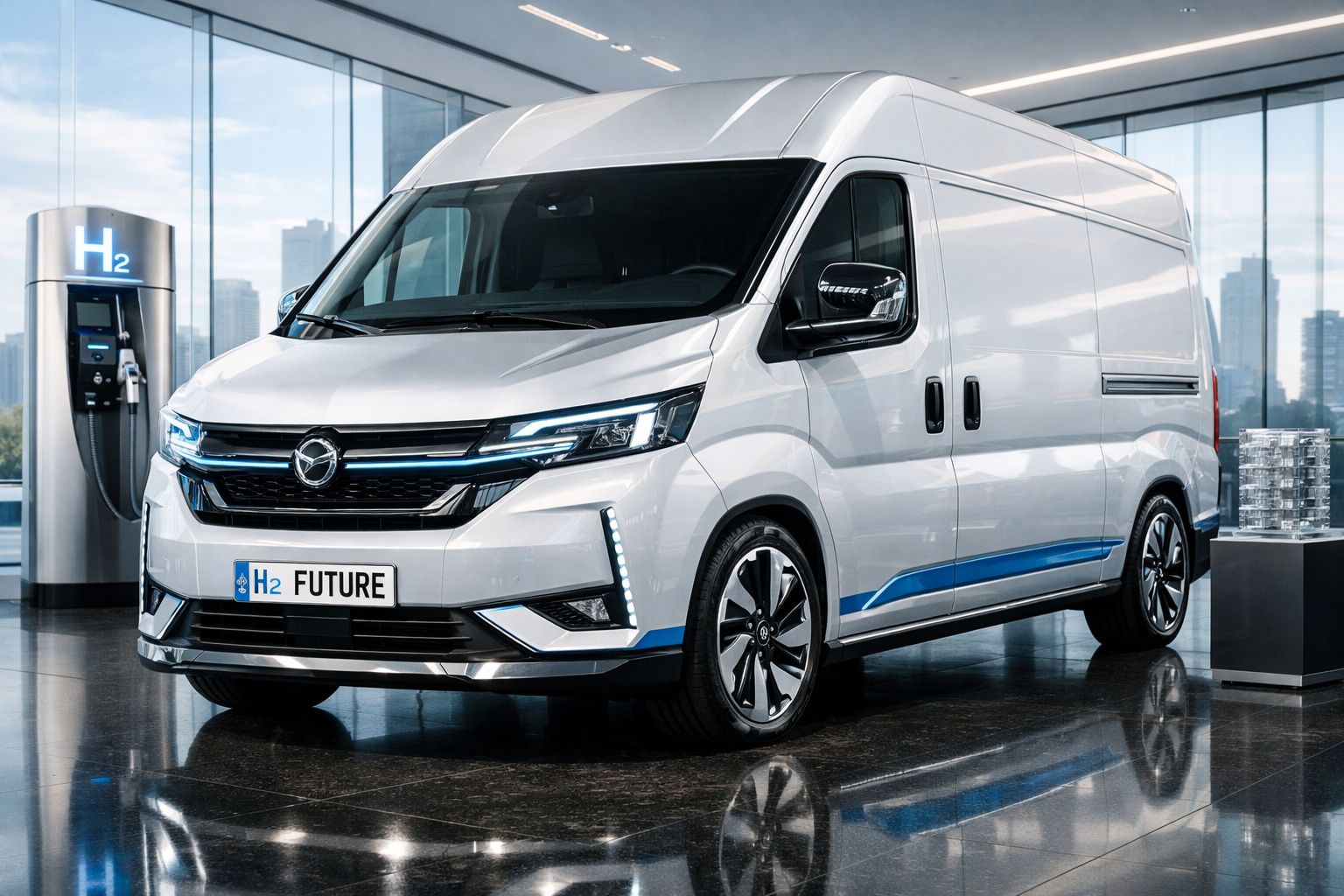 Carrinha branca moderna de hidrogénio estacionada num espaço interior com estação de abastecimento H2 ao lado.