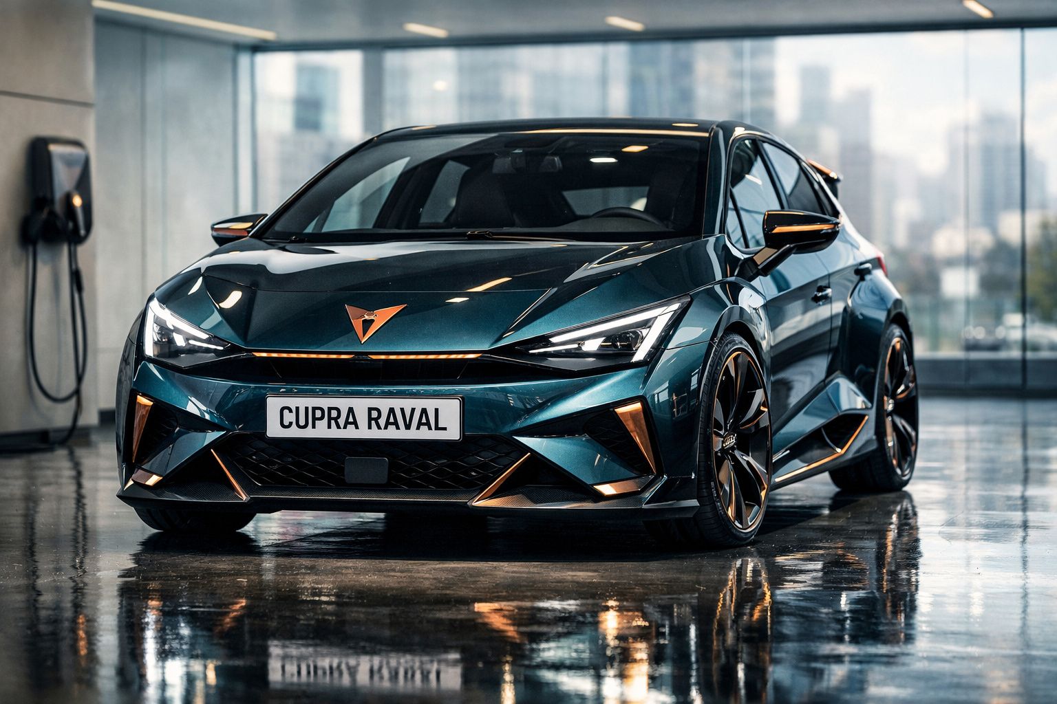 Automóvel Cupra Raval verde metálico com detalhes laranja, estacionado em interior moderno com chão refletor.