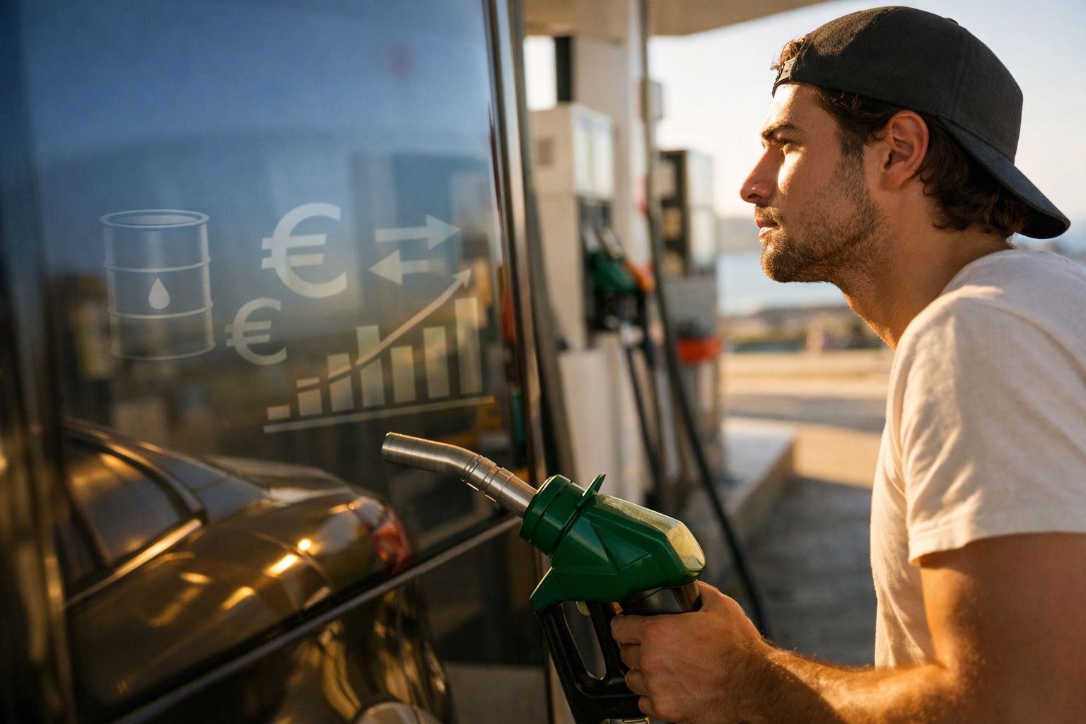 Homem a abastecer carro numa bomba de gasolina com gráficos de preços e euro refletidos.