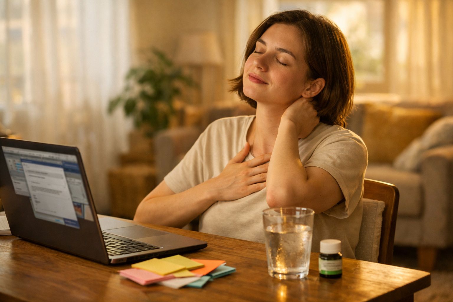 Mulher relaxa sentada à mesa com computador, água e medicamentos, num ambiente acolhedor em casa.