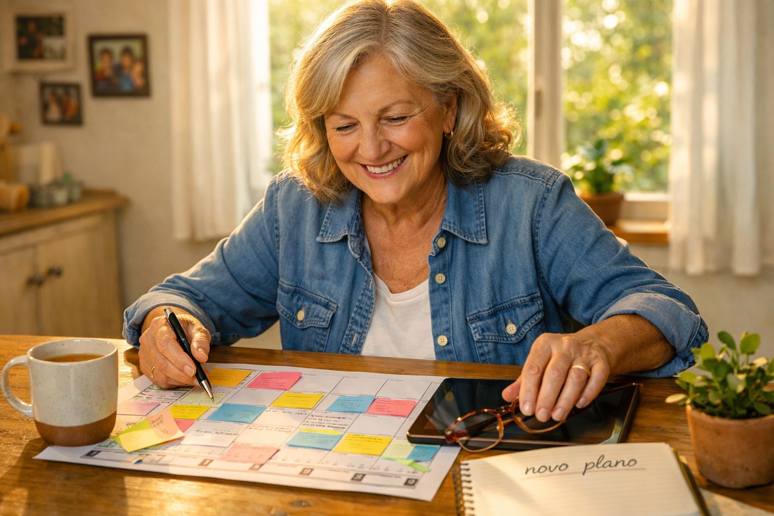 Mulher sorridente organiza planeamento semanal com post-its coloridos, mesa com tablet, óculos e chá.