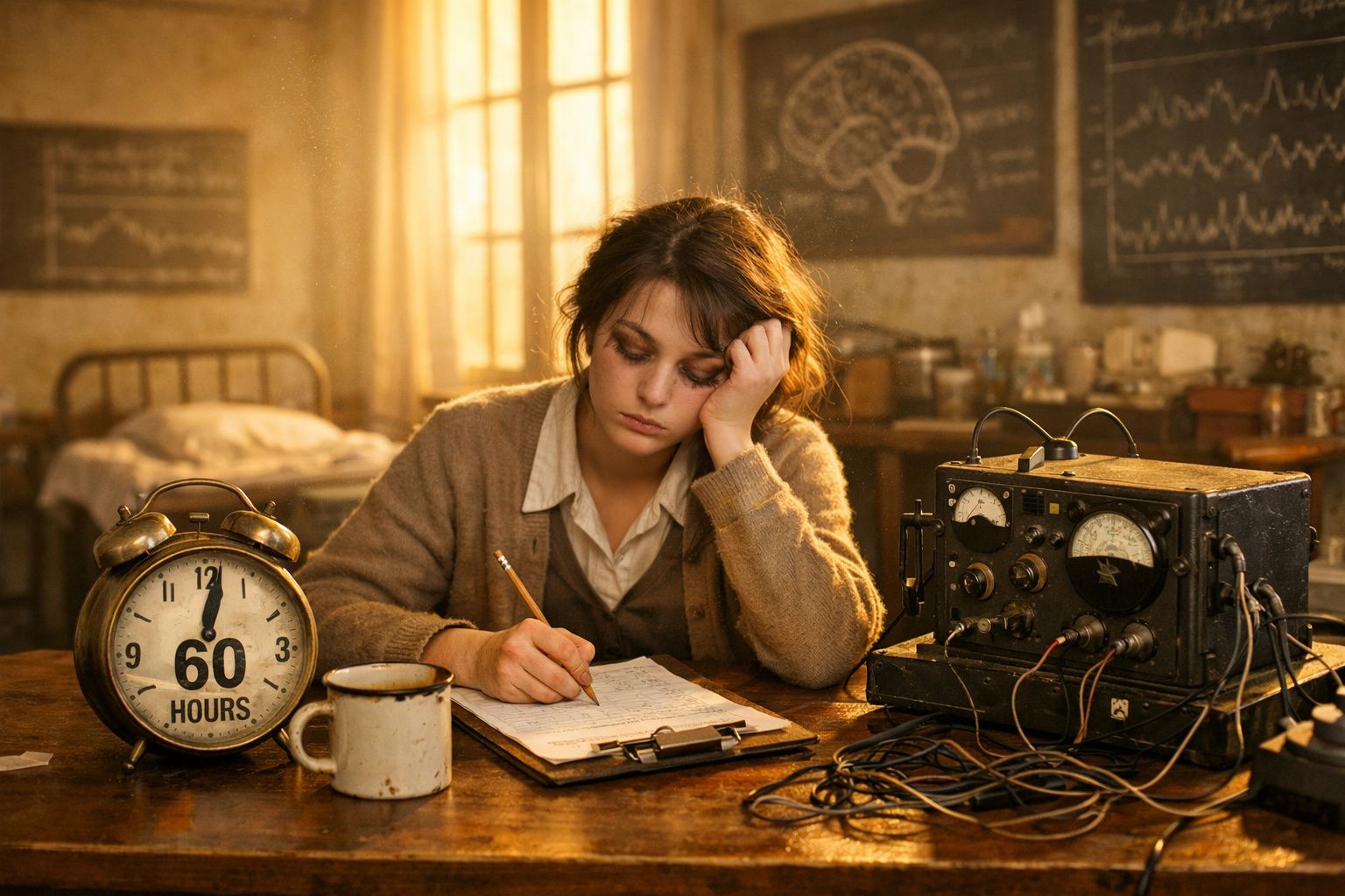 Jovem mulher cansada escreve num caderno numa sala antiga com relógio grande e rádio vintage na mesa.