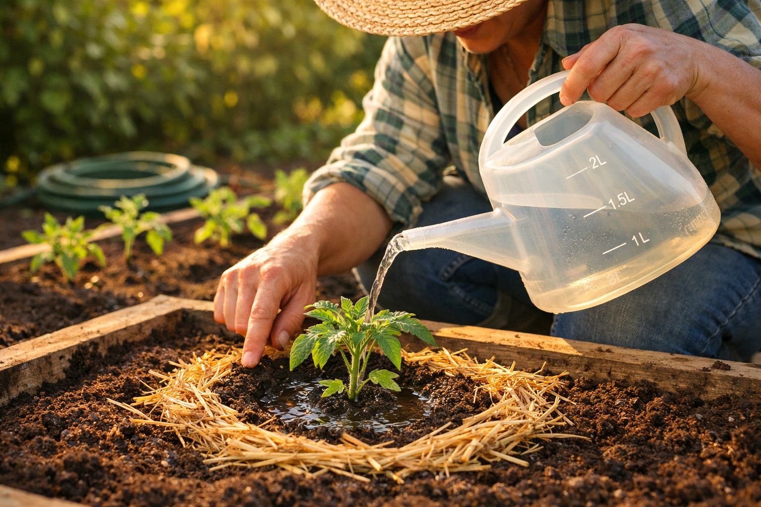 Pessoa a regar uma planta jovem com regador num jardim com canteiros de madeira.