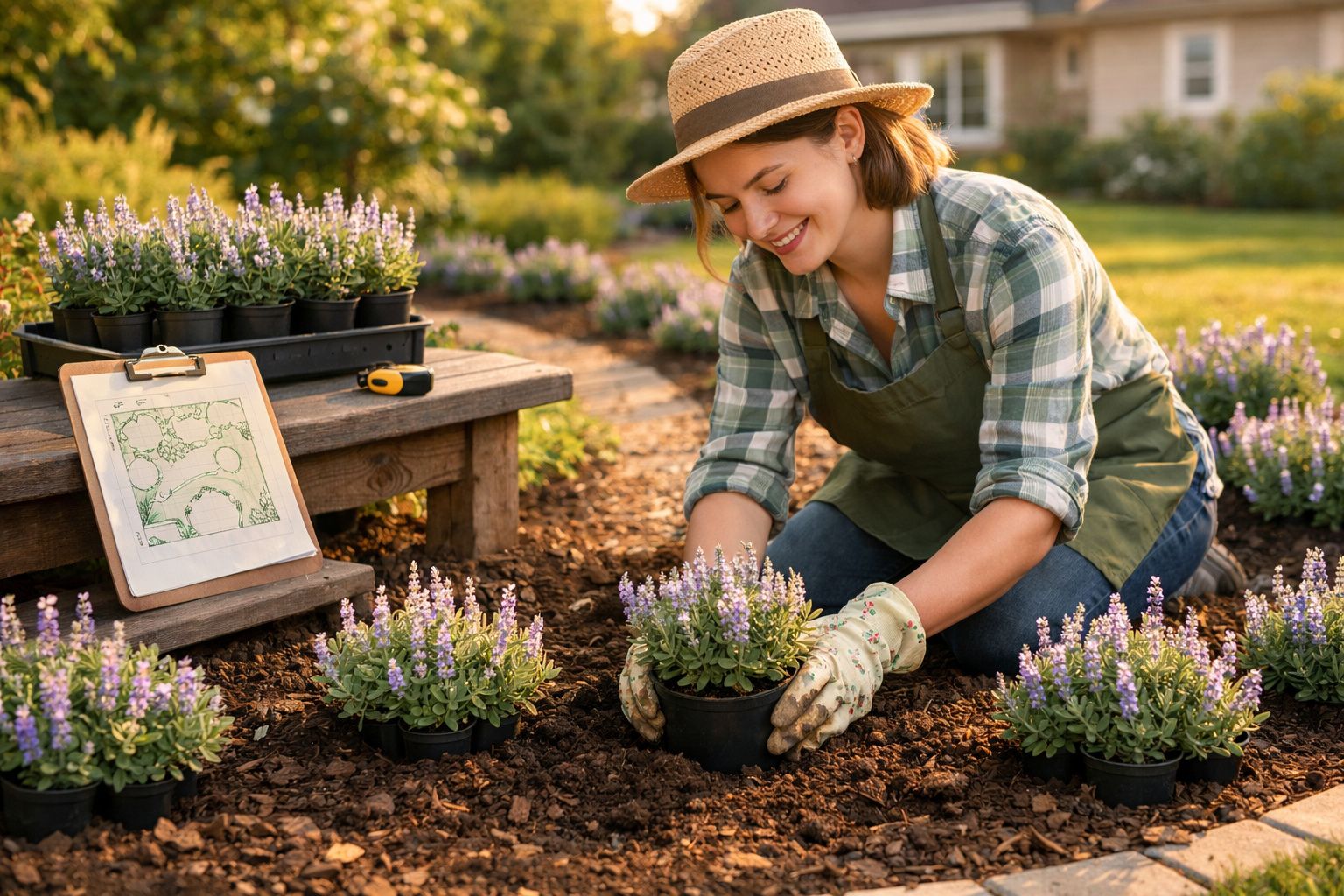 Mulher sorridente a plantar flores lilás num jardim, rodeada de vasos e com plano de jardinagem ao lado.