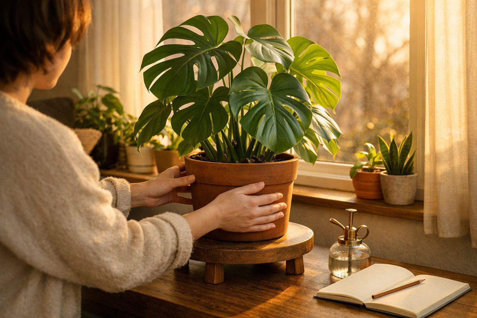 Pessoa a cuidar de planta monstera em vaso de barro junto à janela com luz natural.