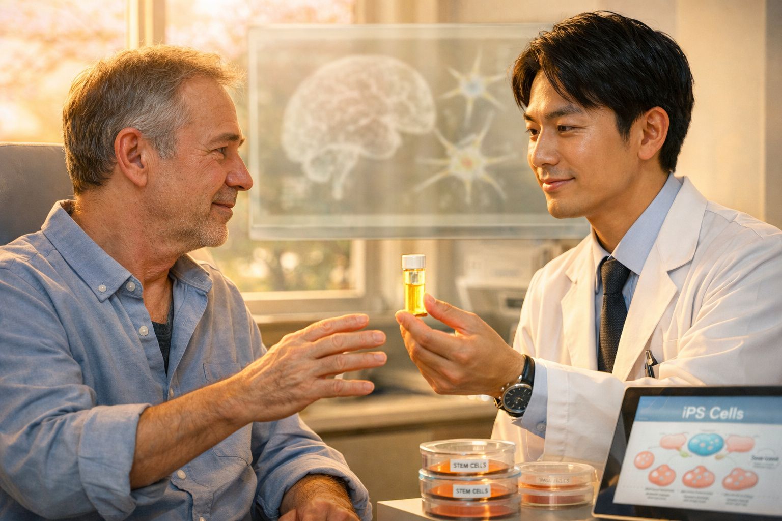 Médico asiático apresenta frasco com líquido amarelo a paciente sénior numa consulta numa clínica moderna.