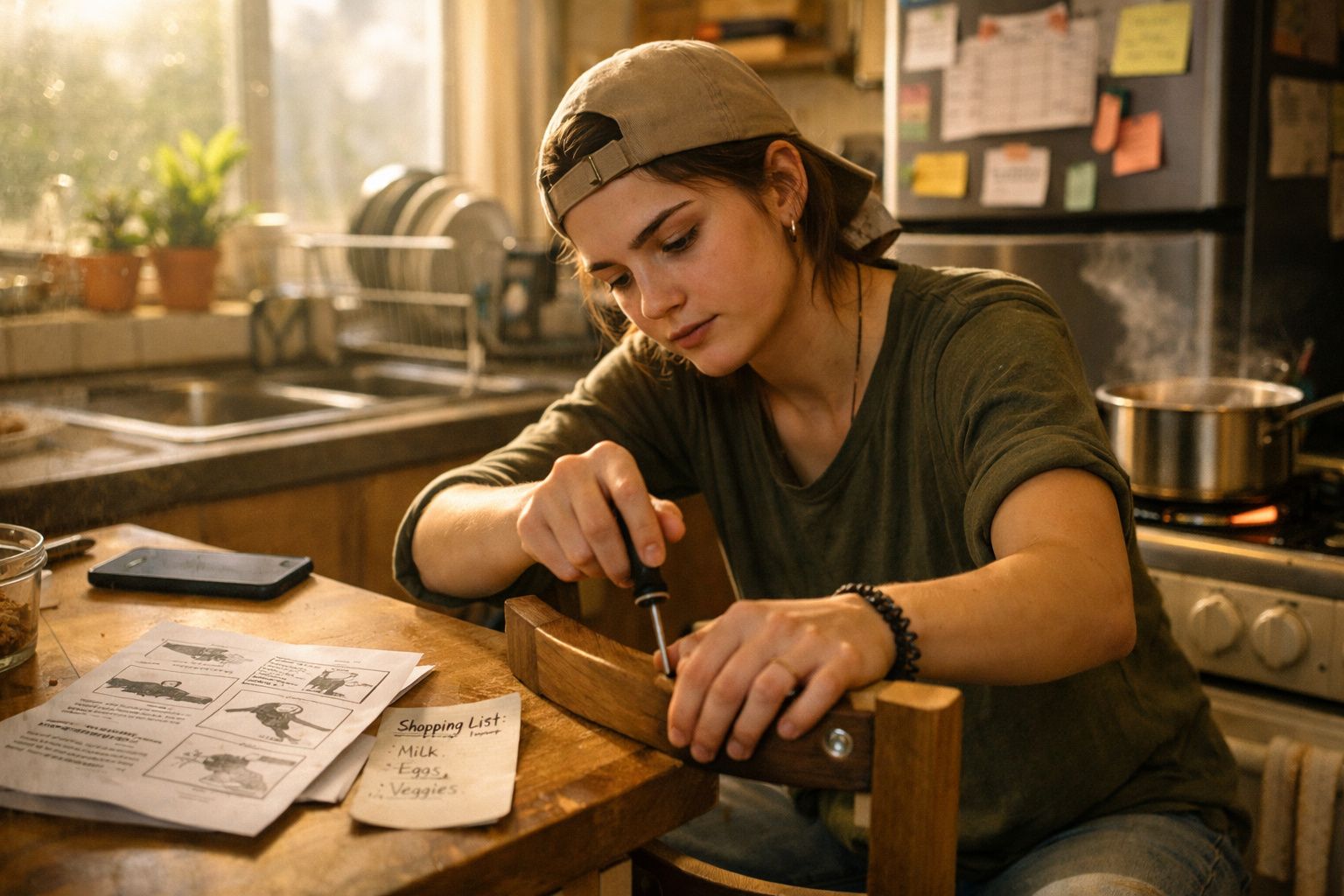 Jovem a montar um móvel com ferramenta, sentada numa cozinha iluminada pela luz natural.