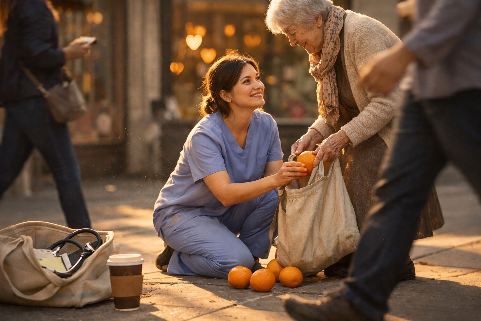 Profissional de saúde ajuda idosa a apanhar laranjas caídas na rua numa tarde urbana.