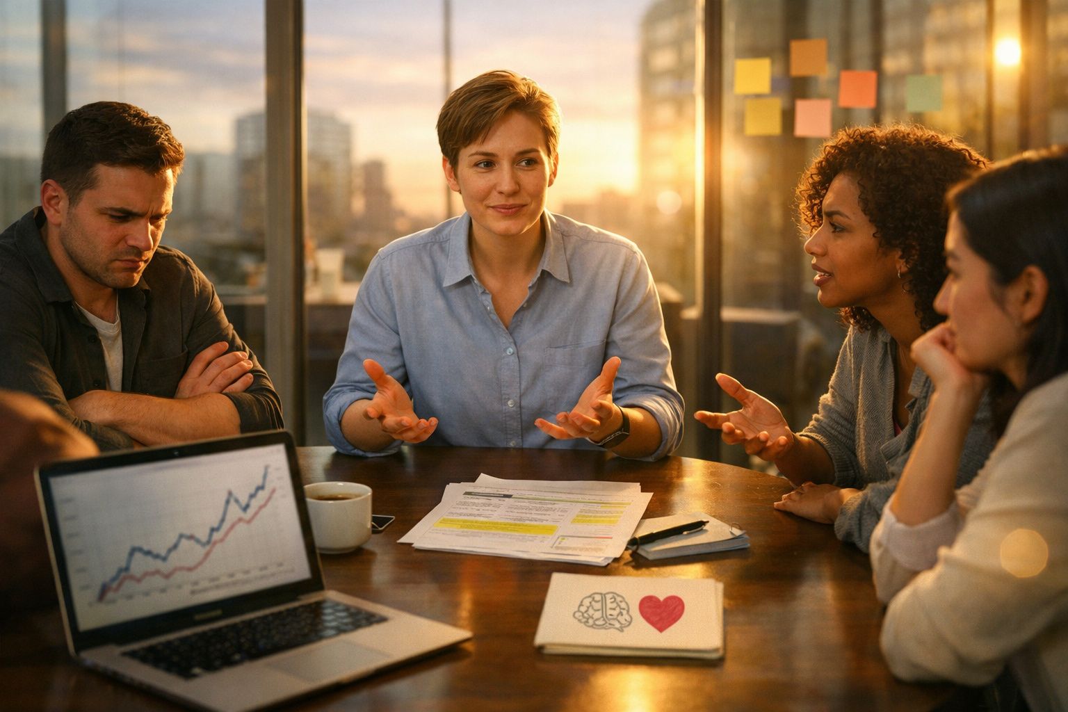 Grupo de quatro pessoas reunidas à volta de uma mesa a discutir gráficos e documentos ao pôr do sol.