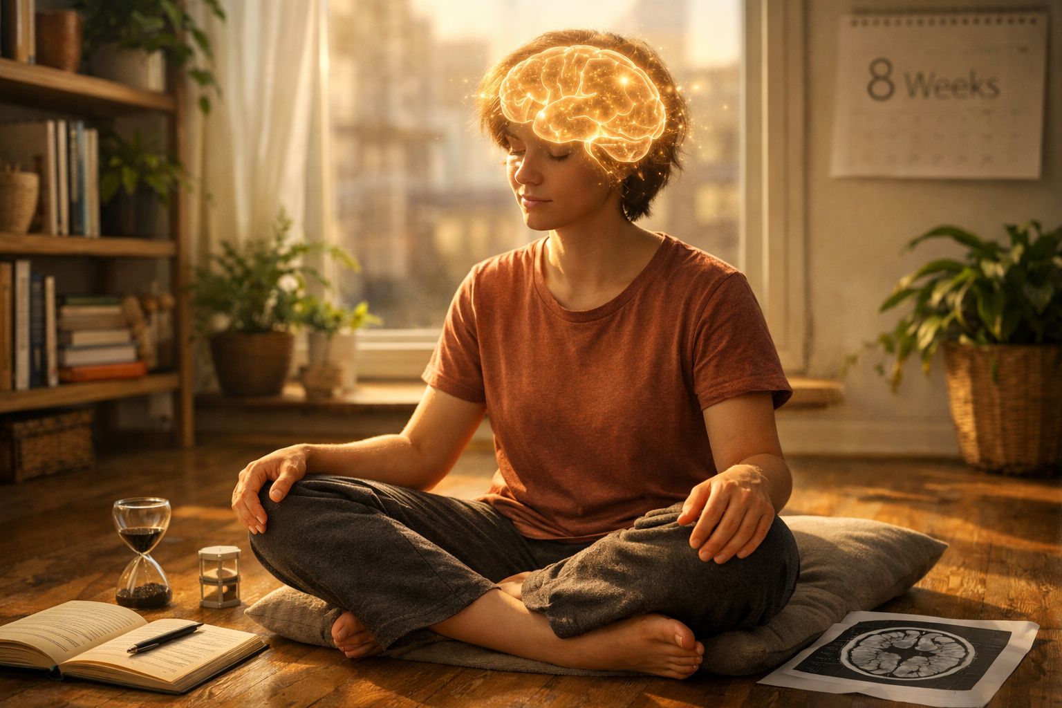 Mulher sentada de pernas cruzadas a meditar numa sala, com ilustração luminosa de cérebro sobre a cabeça.