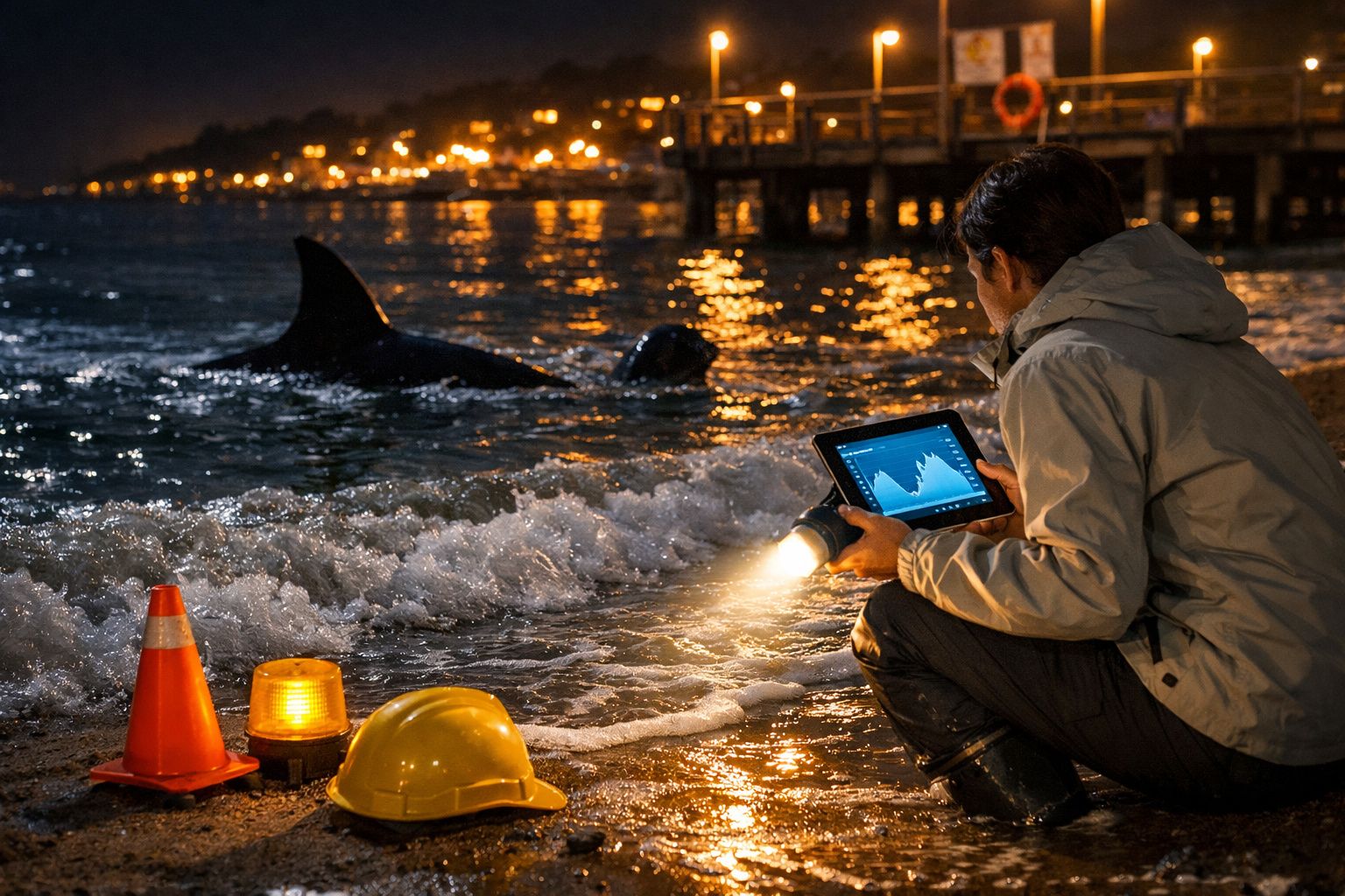 Pessoa com tablet e lanterna junto a orca na praia à noite, com capacete e cone de segurança no chão.