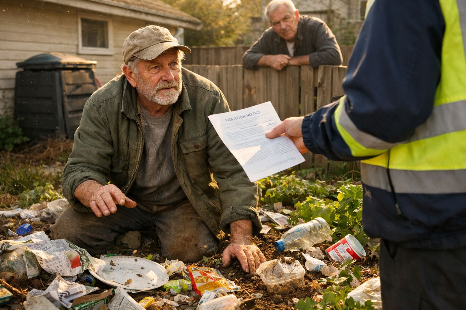 Homem idoso sentado no chão entre lixo recebe um papel de uma pessoa com colete refletor.
