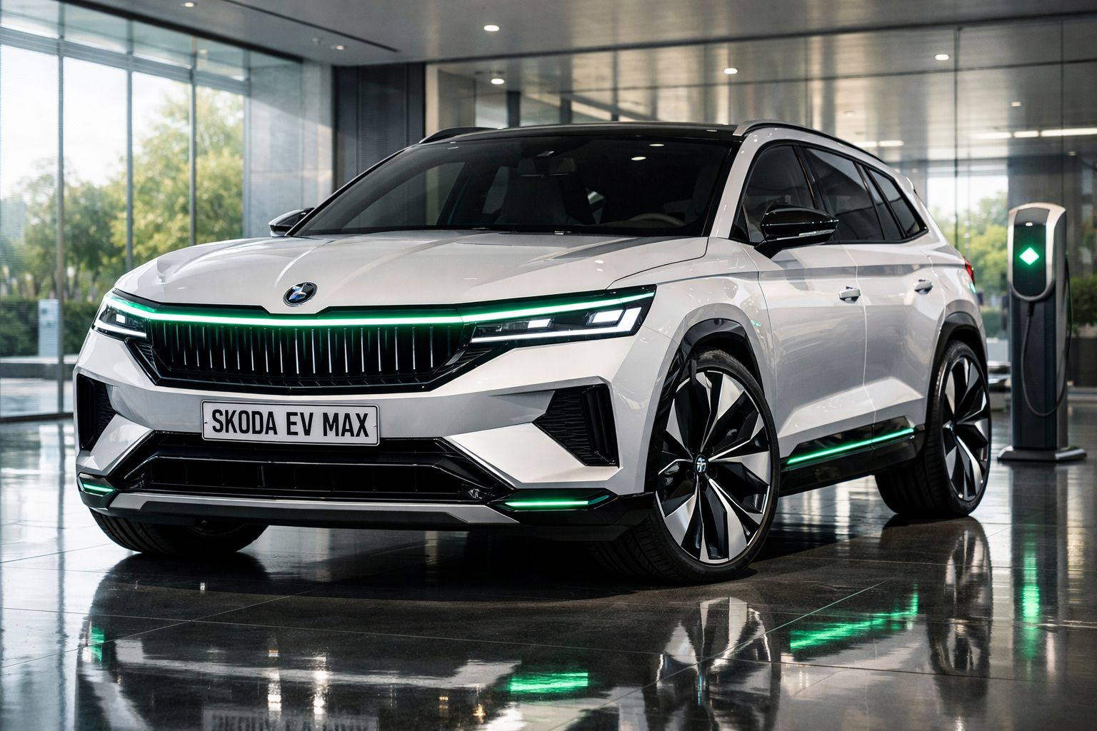 Carro elétrico SUV branco Skoda EV Max estacionado junto a posto de carregamento numa garagem moderna.