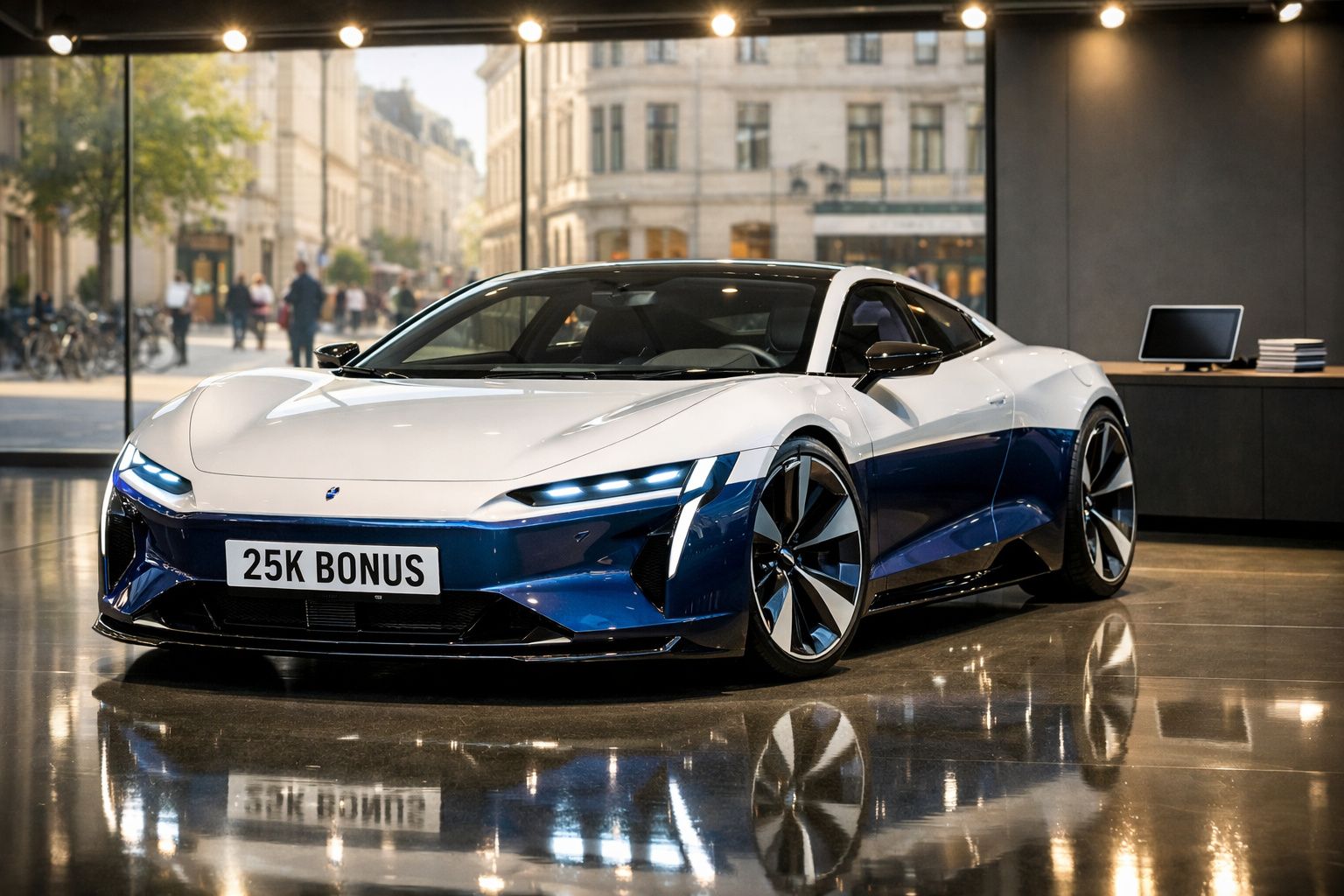 Carro desportivo elétrico azul e branco exposto num espaço interior elegante com janelas grandes.