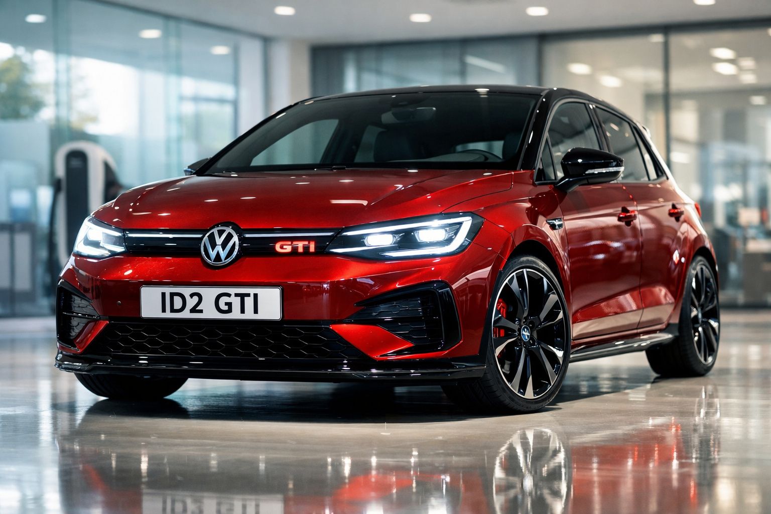 Carro Volkswagen ID2 GTI vermelho estacionado em ambiente interior com luzes LED ligadas.