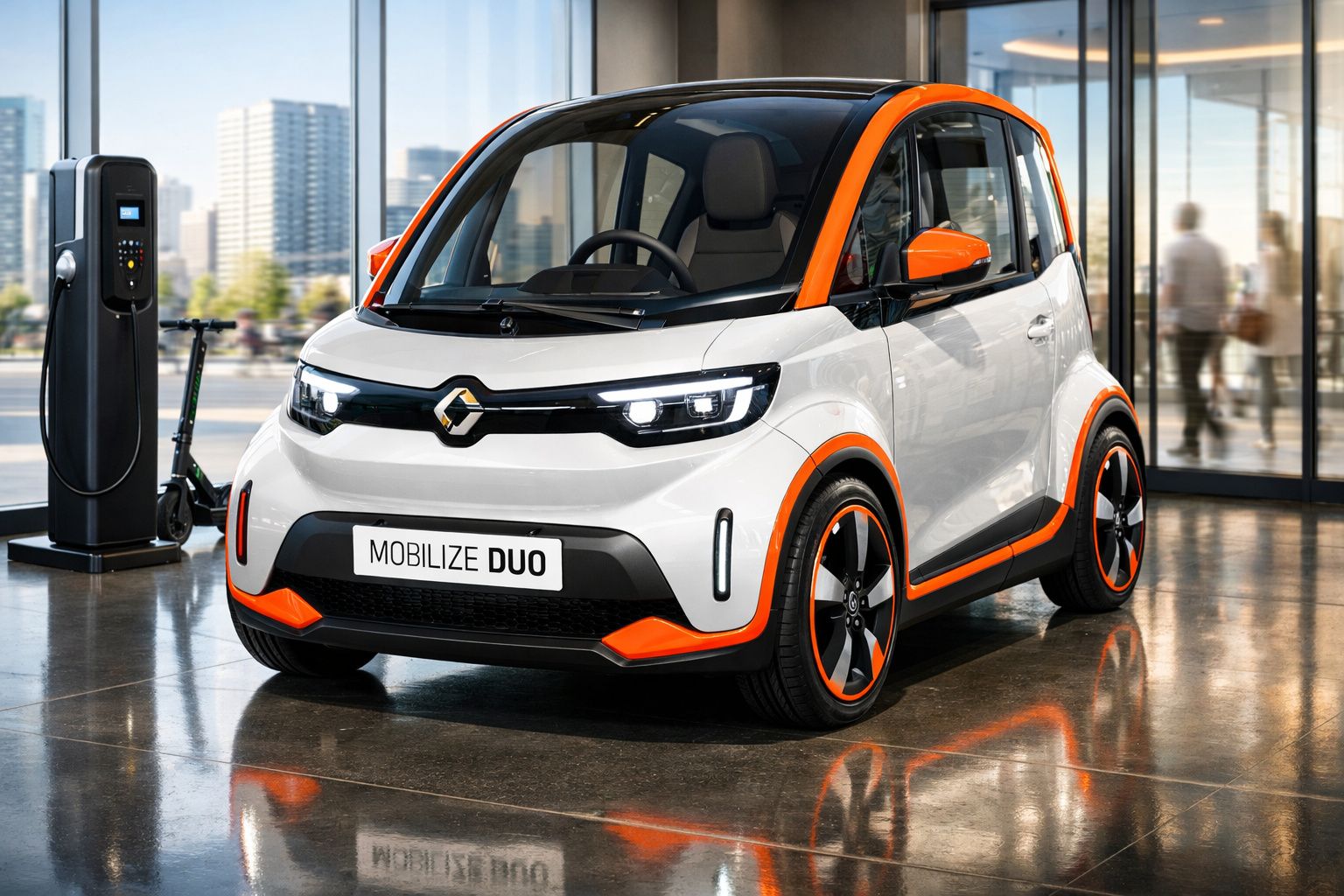 Carro elétrico compacto branco com detalhes laranja à carga numa estação de carregamento interior moderna.