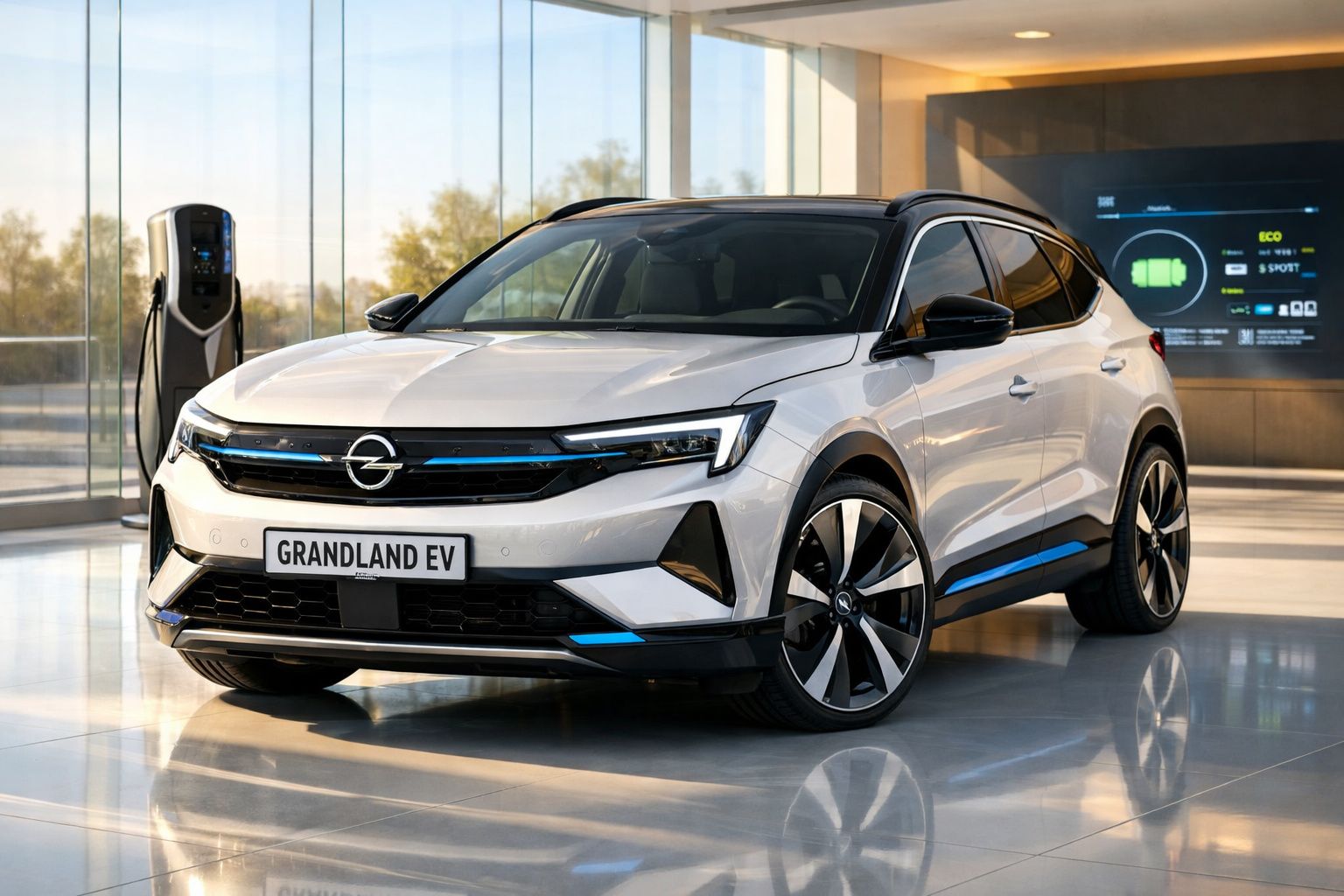 Carro elétrico Opel Grandland EV branco estacionado junto a estação de carregamento num espaço moderno.