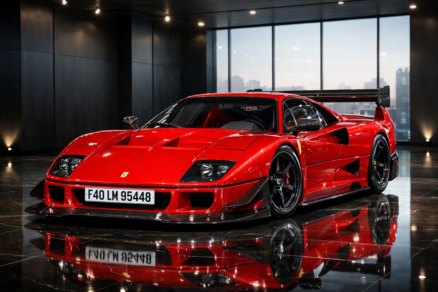 Carro desportivo vermelho Ferrari F40 estacionado em piso brilhante com fundo de janelas grandes.