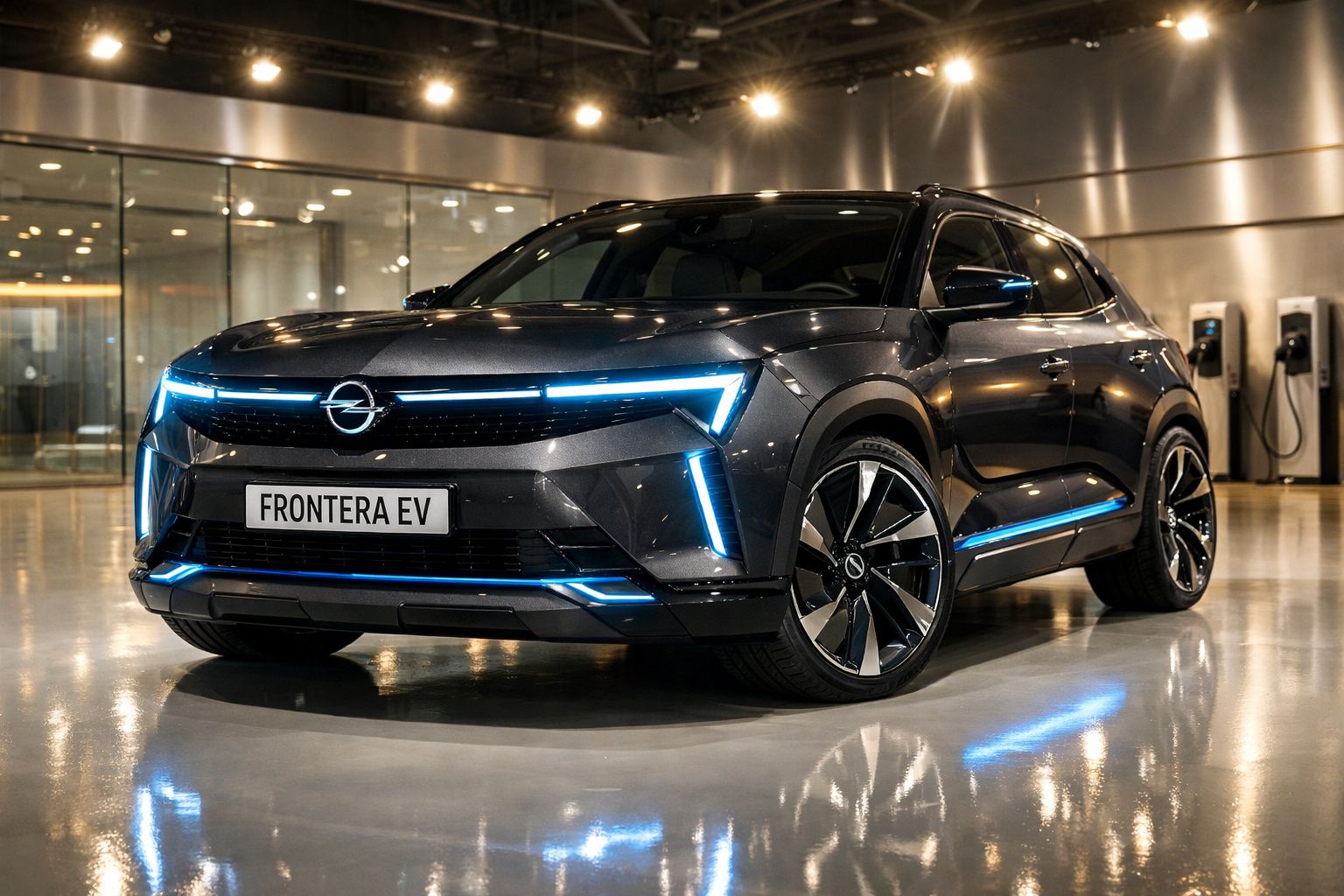 Carro elétrico Opel Frontera EV preto com luzes LED azuis estacionado em garagem moderna.