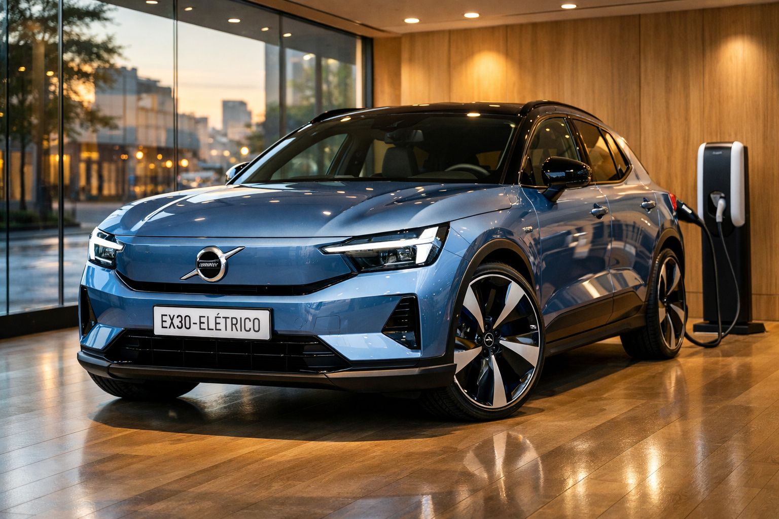 Carro elétrico Volvo EX30 azul a carregar numa estação interna com chão de madeira e parede em madeira.