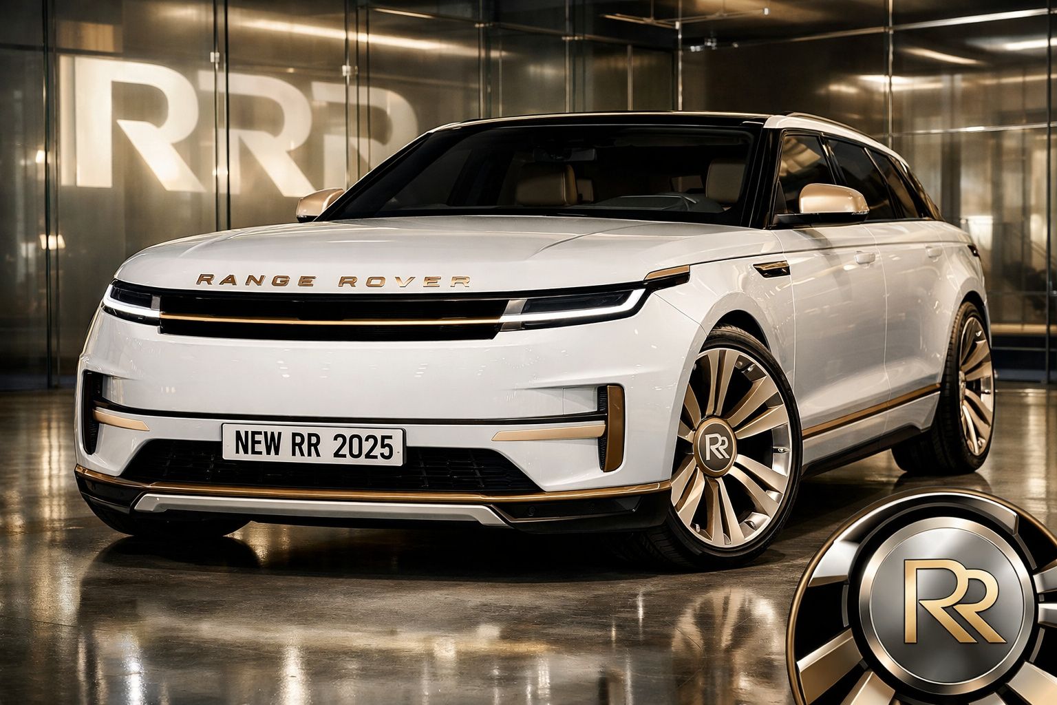 Carro elétrico Range Rover branco 2025 com detalhes dourados em showroom moderno e brilhante.