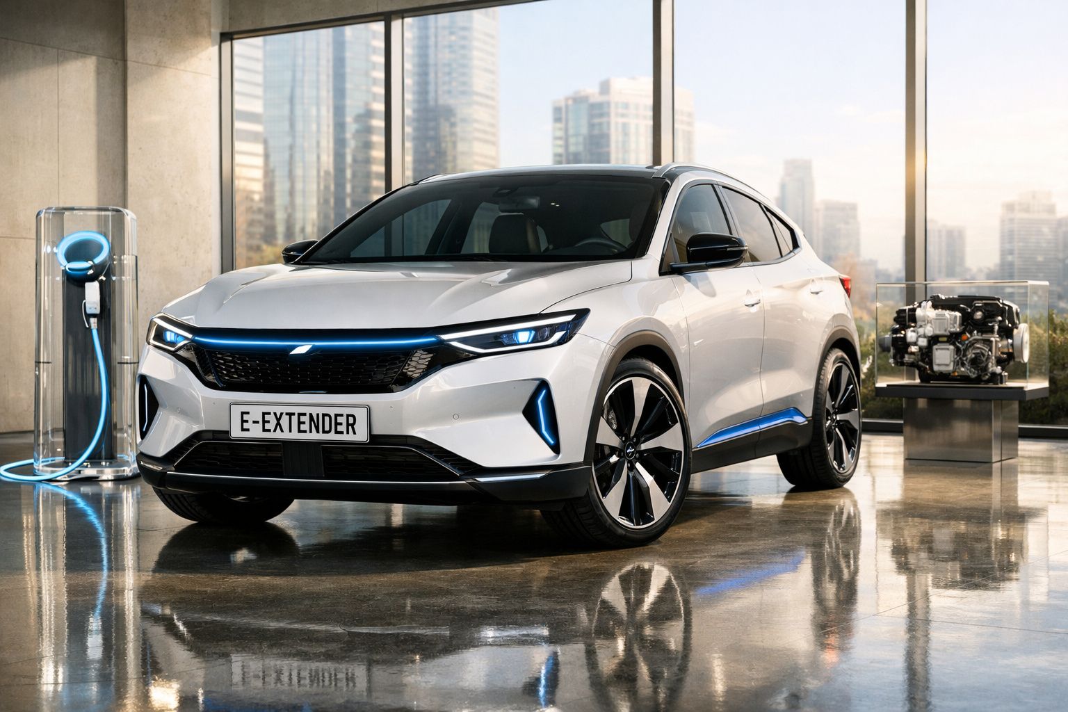 Carro elétrico branco E-EXTENDER estacionado em interior moderno junto a posto de carregamento e motor exposto.