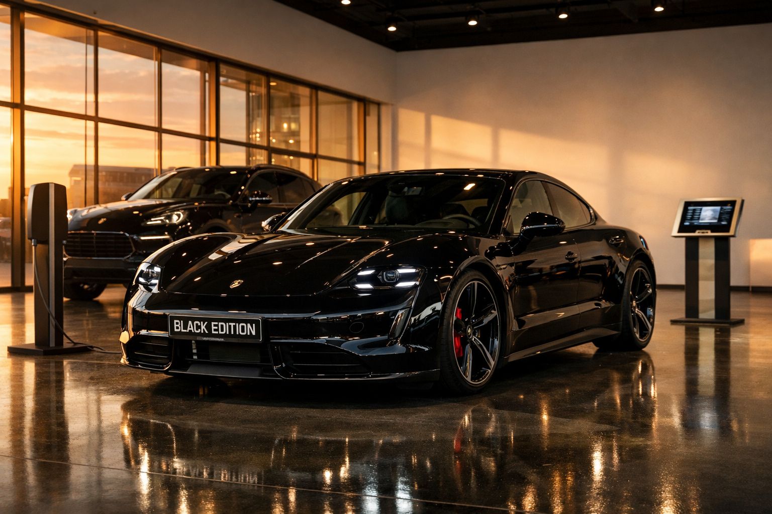 Carro desportivo preto brilhante Porsche Black Edition estacionado em showroom moderno com reflexos no chão.