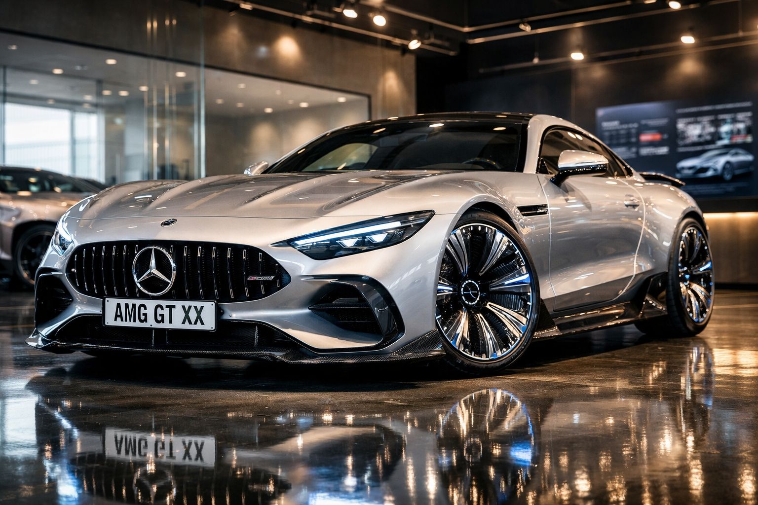 Carro desportivo Mercedes AMG GT XX prateado, estacionado num showroom com piso refletor.