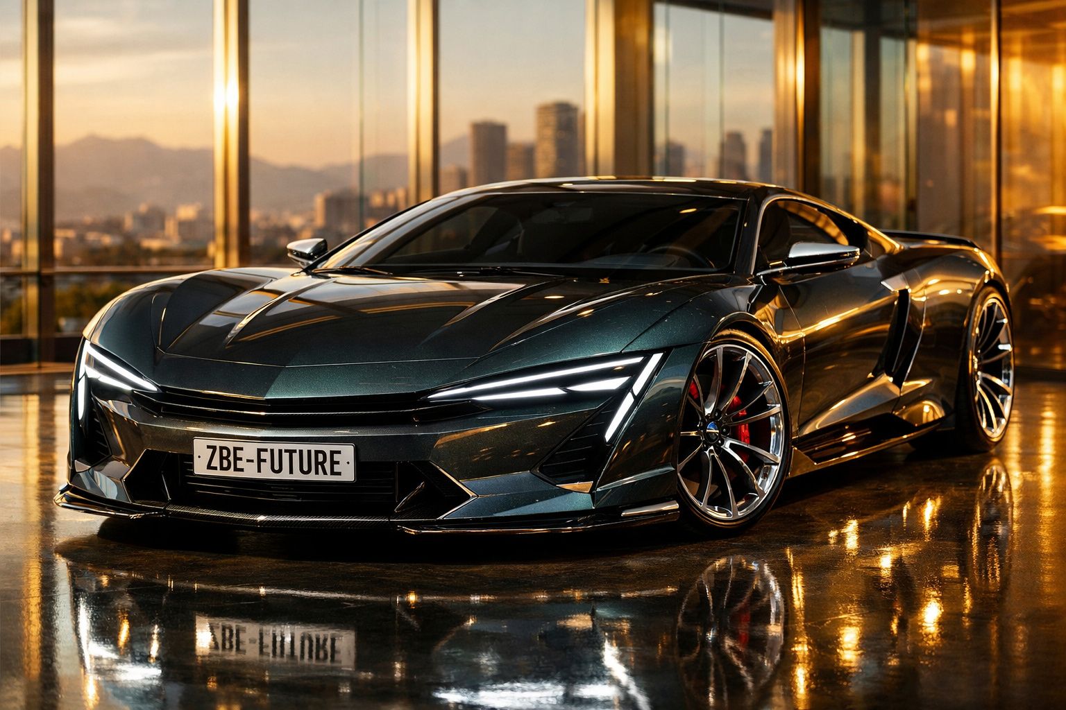 Carro desportivo moderno e luxuoso estacionado em piso brilhante com vista urbana ao fundo ao pôr do sol.