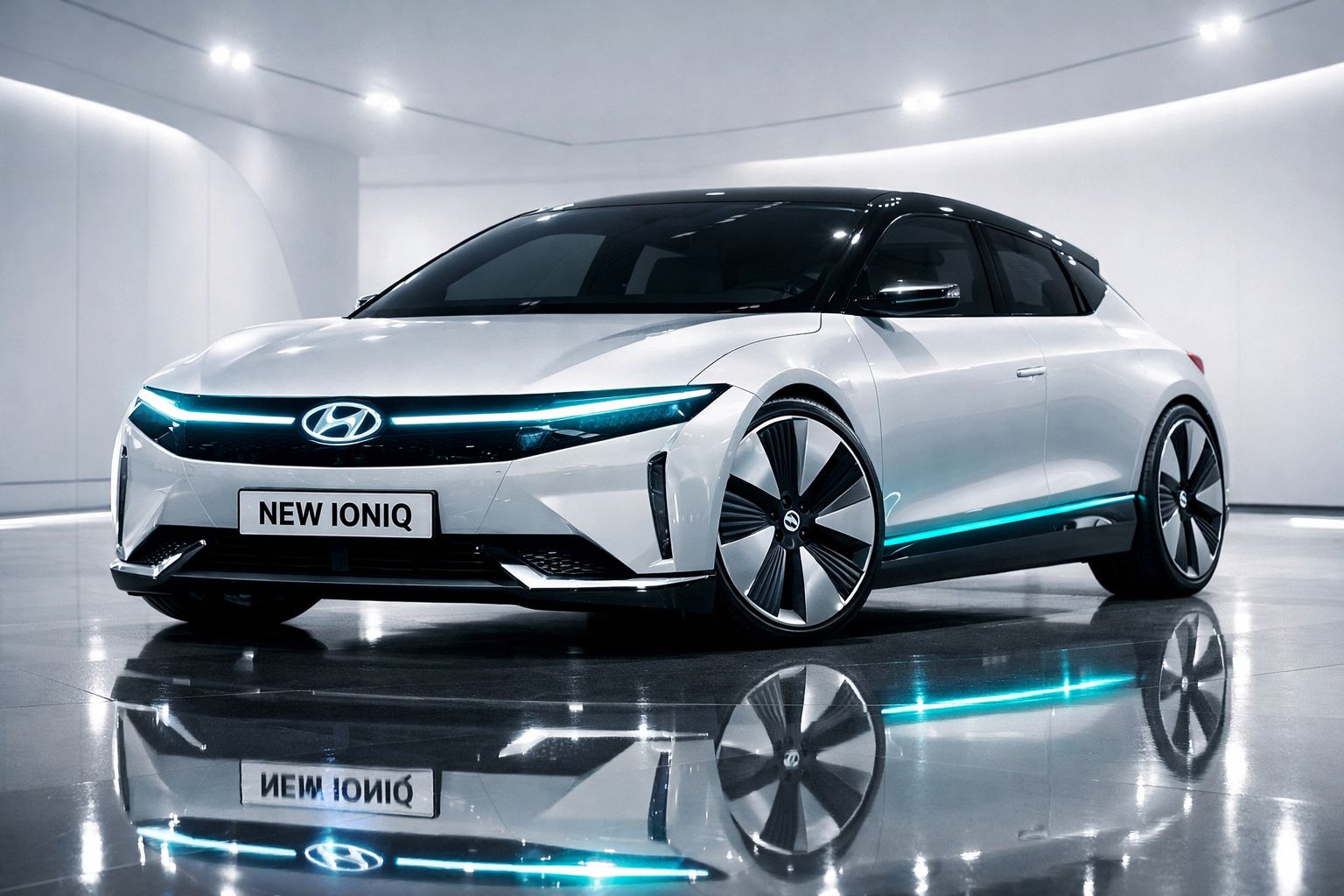 Carro elétrico Hyundai New Ioniq prata com luzes azuis em ambiente moderno e brilhante.