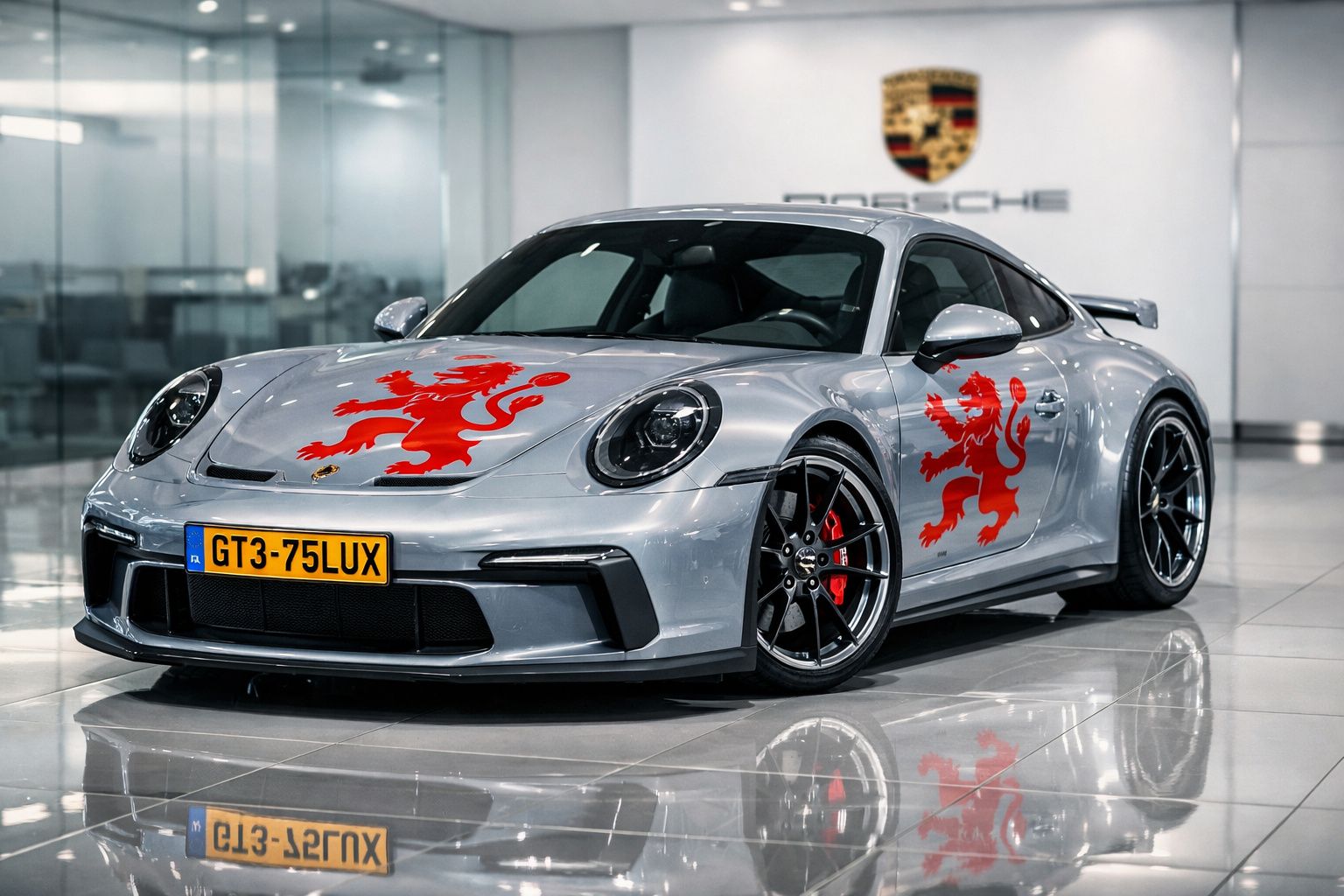 Carro desportivo Porsche prateado com adesivos de leões vermelhos em exposição numa garagem.