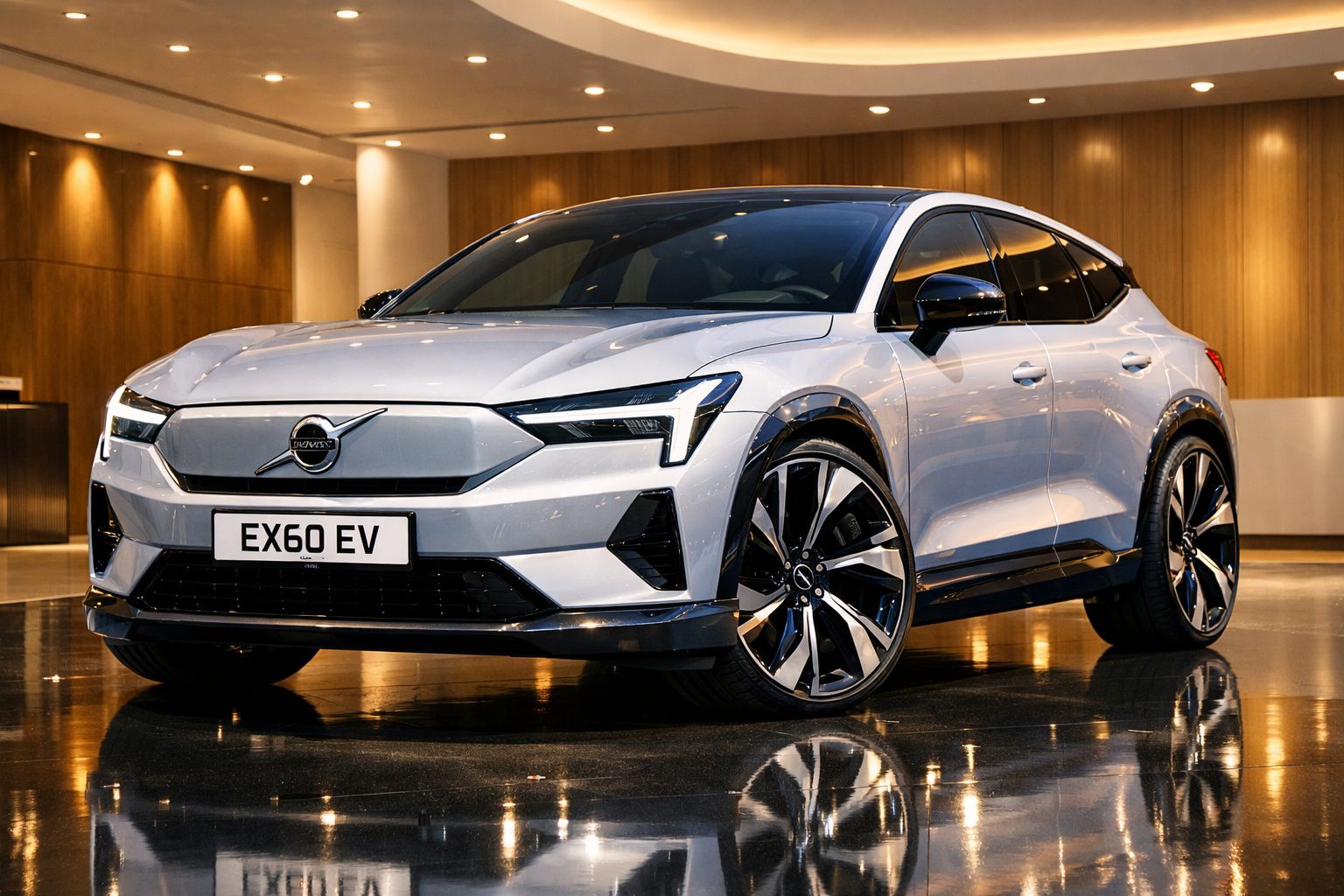 Carro elétrico Volvo EX60 EV branco estacionado em interior com chão refletor e parede de madeira.