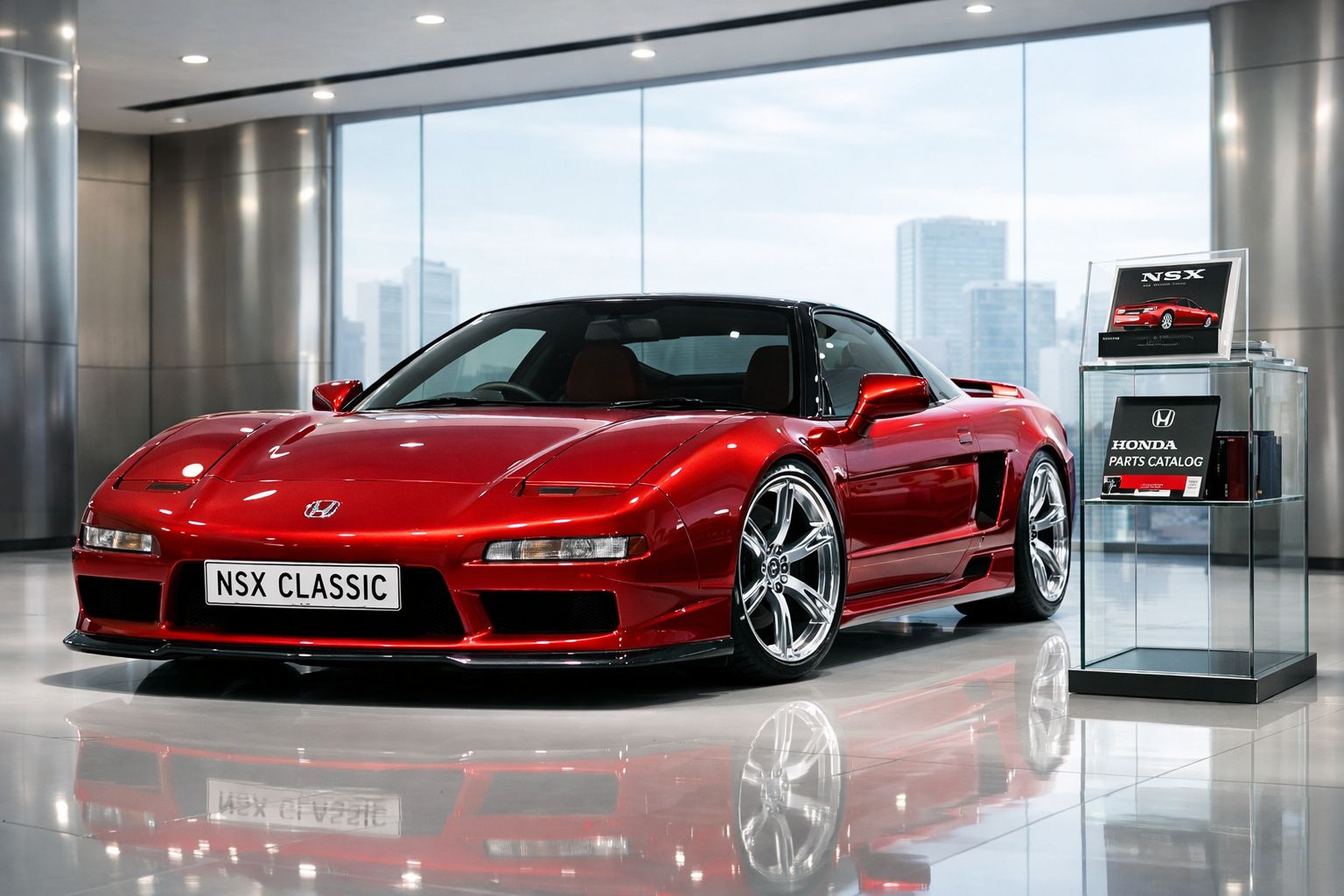 Carro desportivo vermelho Honda NSX Classic num showroom moderno com catálogo de peças ao lado.