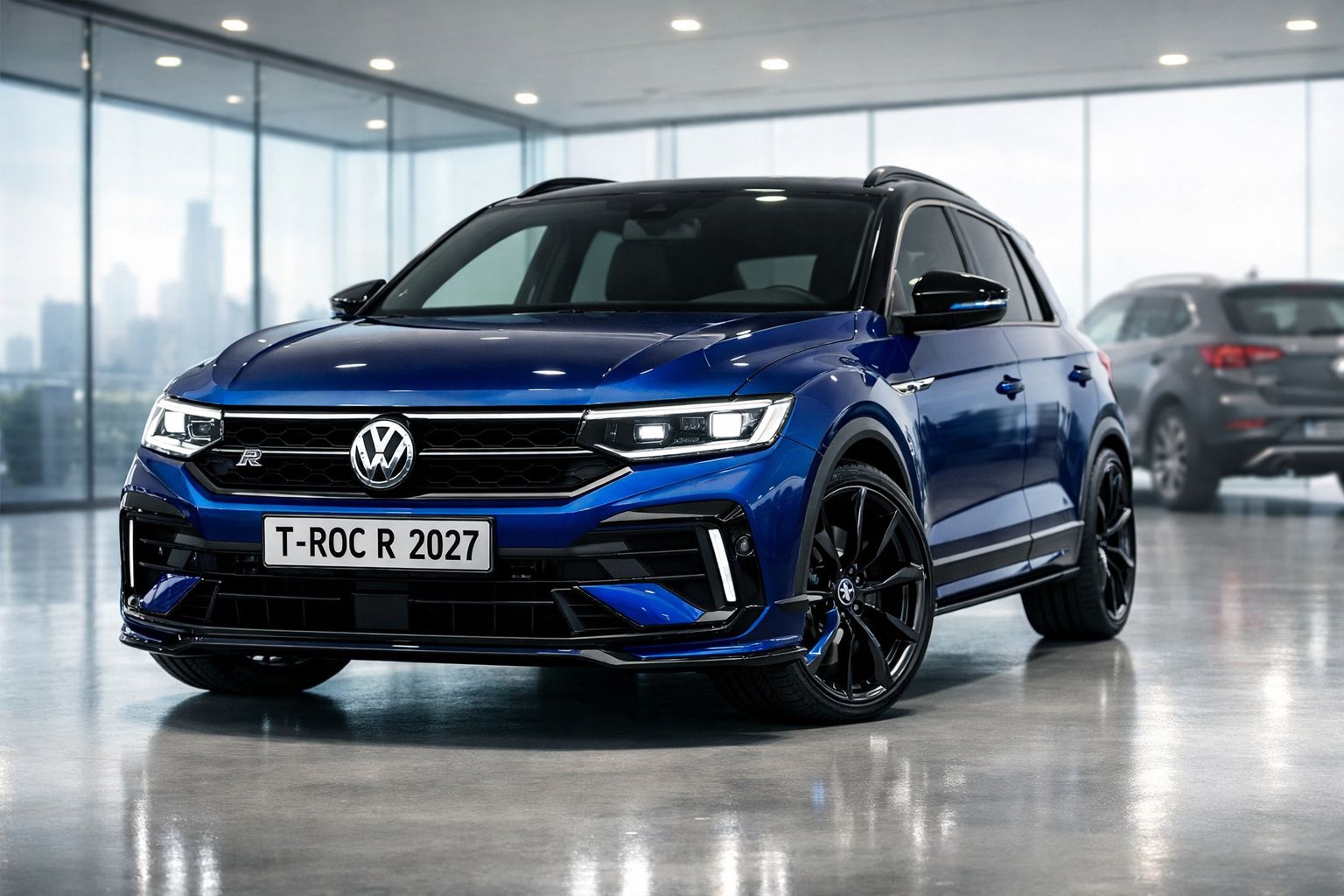 Volkswagen T-Roc R 2027 azul estacionado em showroom moderno com piso refletor.