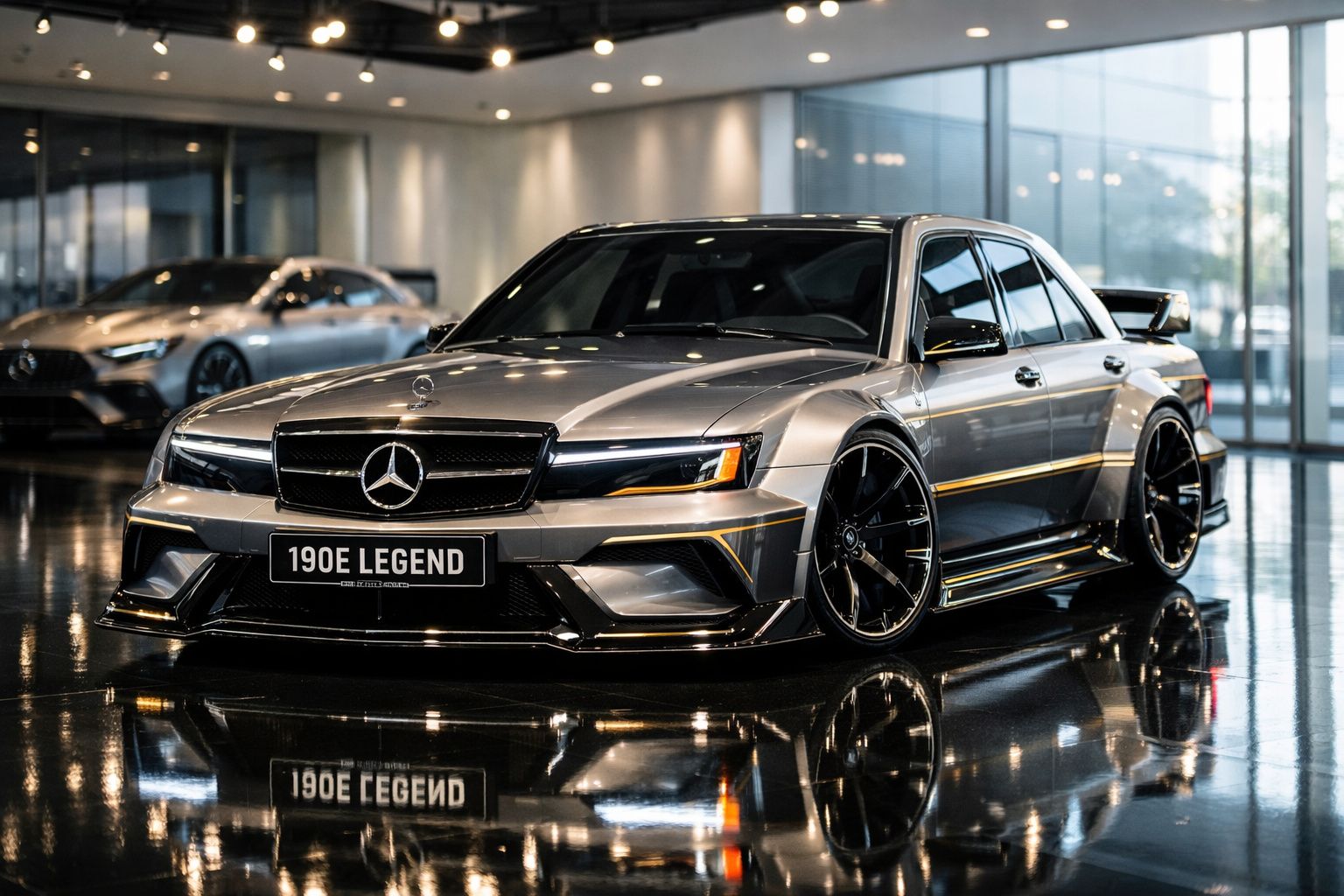 Carro desportivo Mercedes-Benz 190E Legend cinza metálico em piso polido e interior moderno.