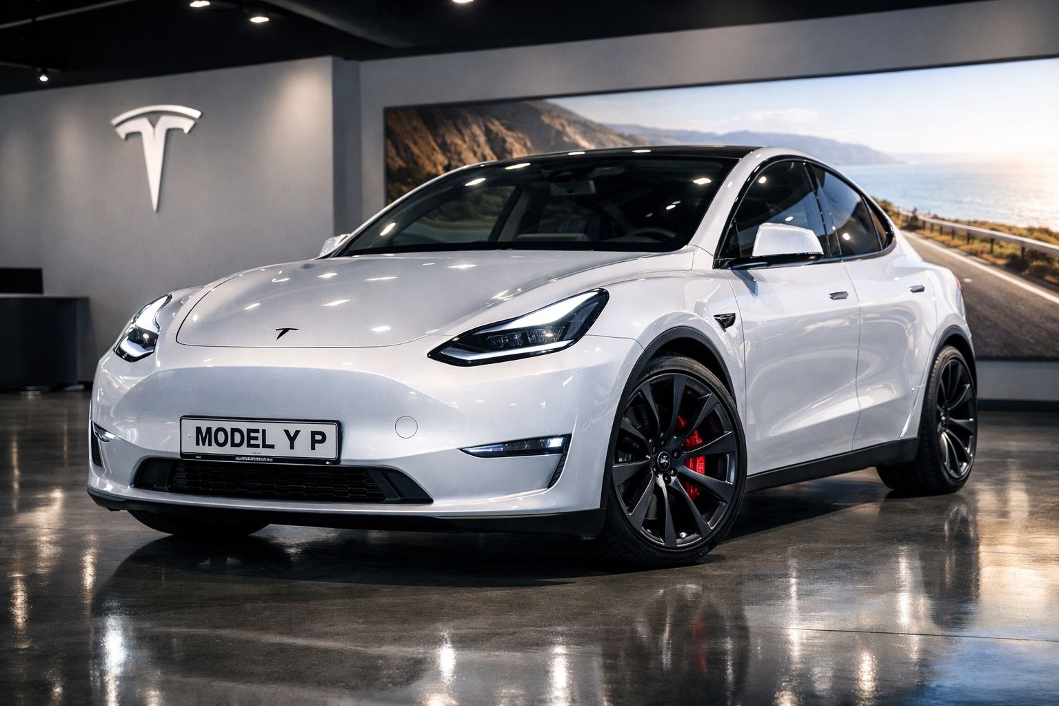 Automóvel elétrico Tesla Model Y P branco estacionado em showroom com fundo de paisagem costeira.