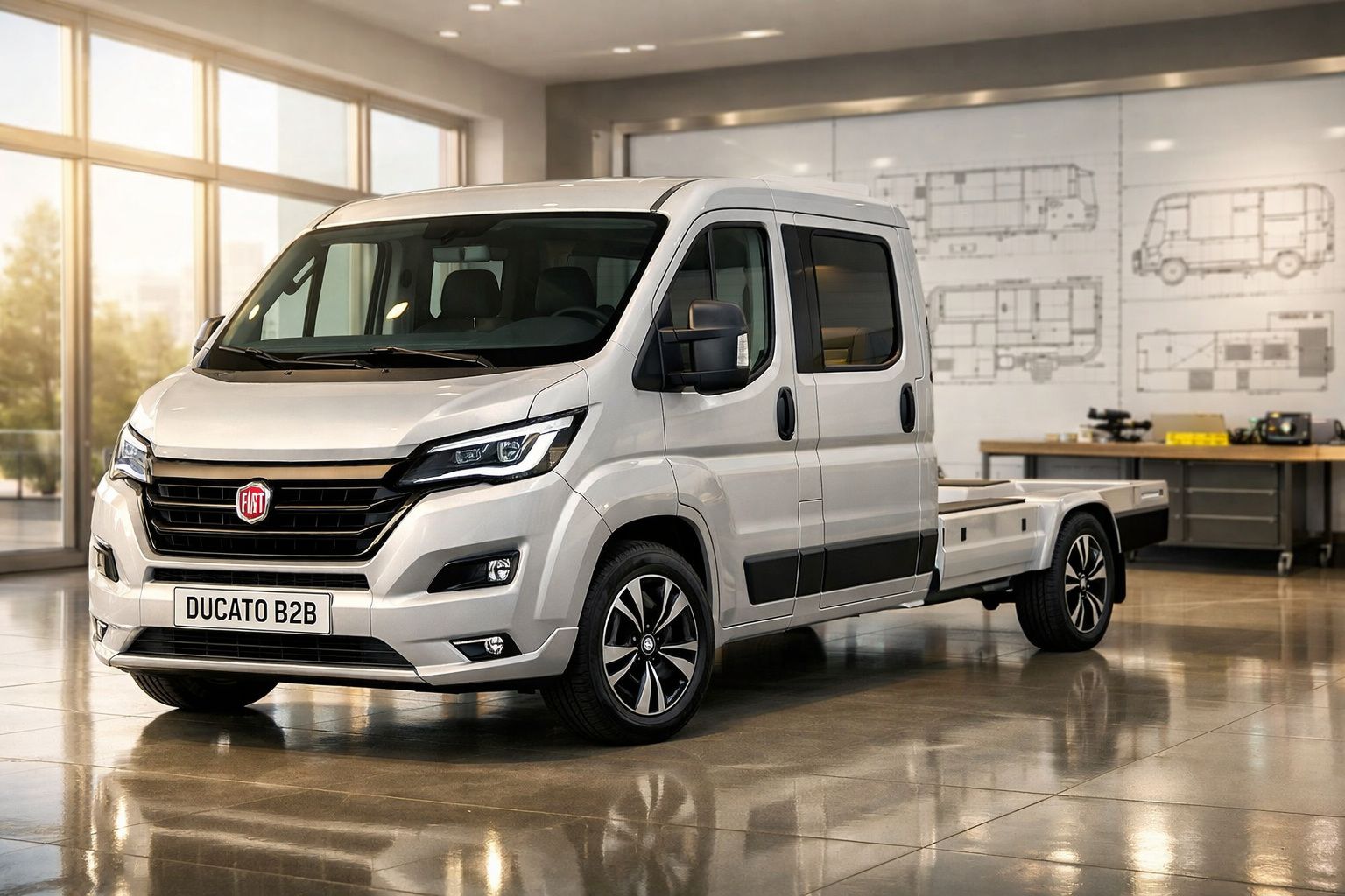 Carrinha Fiat Ducato B2B cinzenta estacionada dentro de garagem com grandes janelas e plantas técnicas na parede.