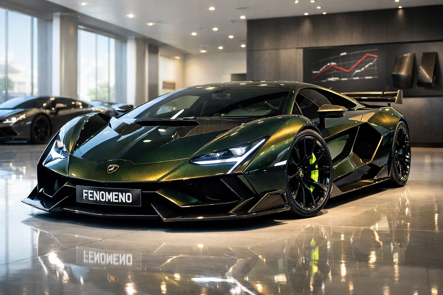 Carro desportivo verde escuro com design aerodinâmico exposto numa sala moderna com luz natural.