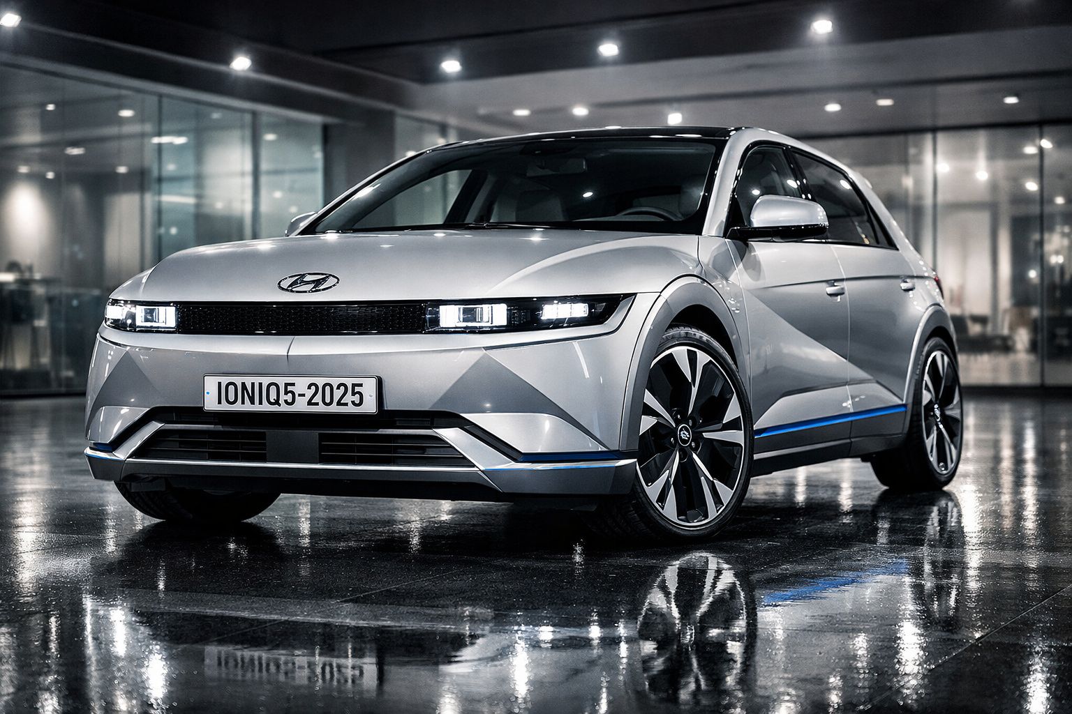Carro elétrico Hyundai Ioniq 5 prata, moderno, estacionado em ambiente urbano com chão molhado refletindo luzes.