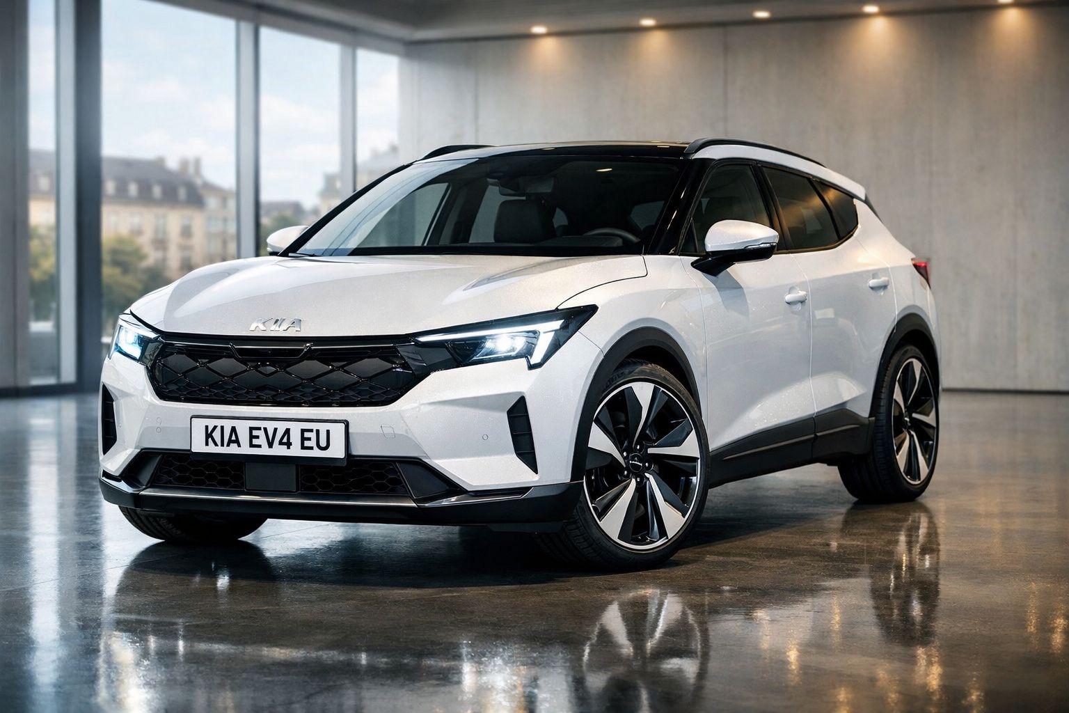 Carro elétrico branco Kia EV4 modelo 2024, estacionado em ambiente interior moderno e iluminado.