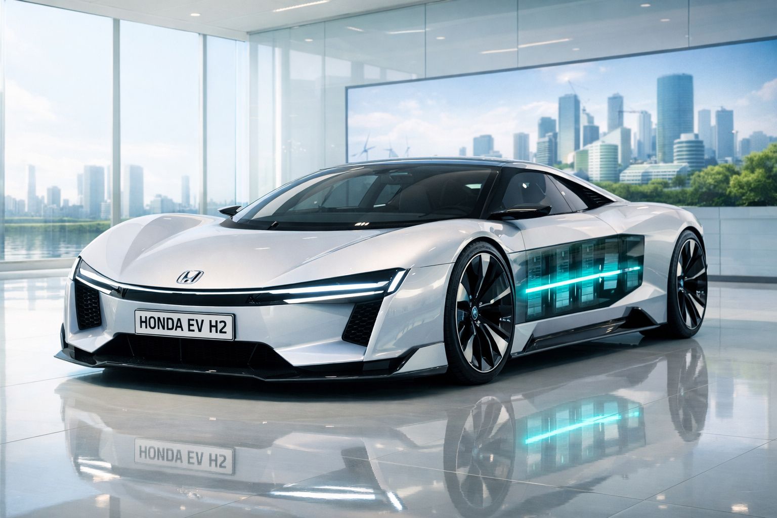 Carro elétrico desportivo Honda EV H2 prateado num showroom moderno com vista urbana ao fundo.