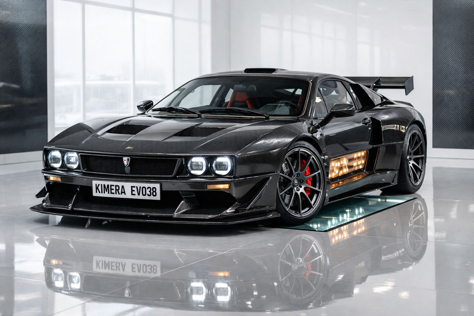 Carro desportivo preto Kimera EVO38 com faróis LED, aerofólio traseiro e jantes em ambiente interior moderno.