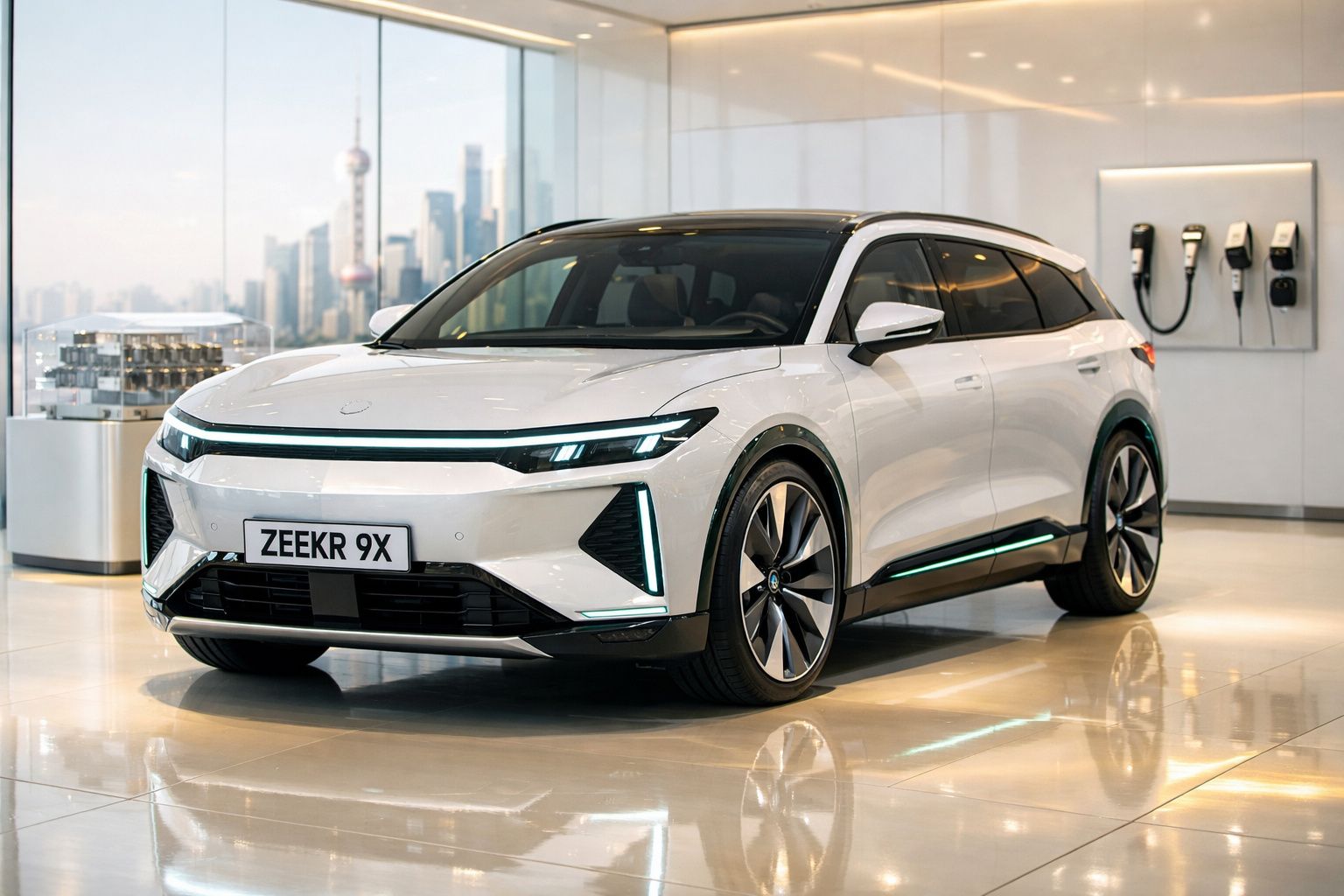 Carro elétrico branco ZEEKR 9X estacionado em showroom moderno com carros carregadores na parede.