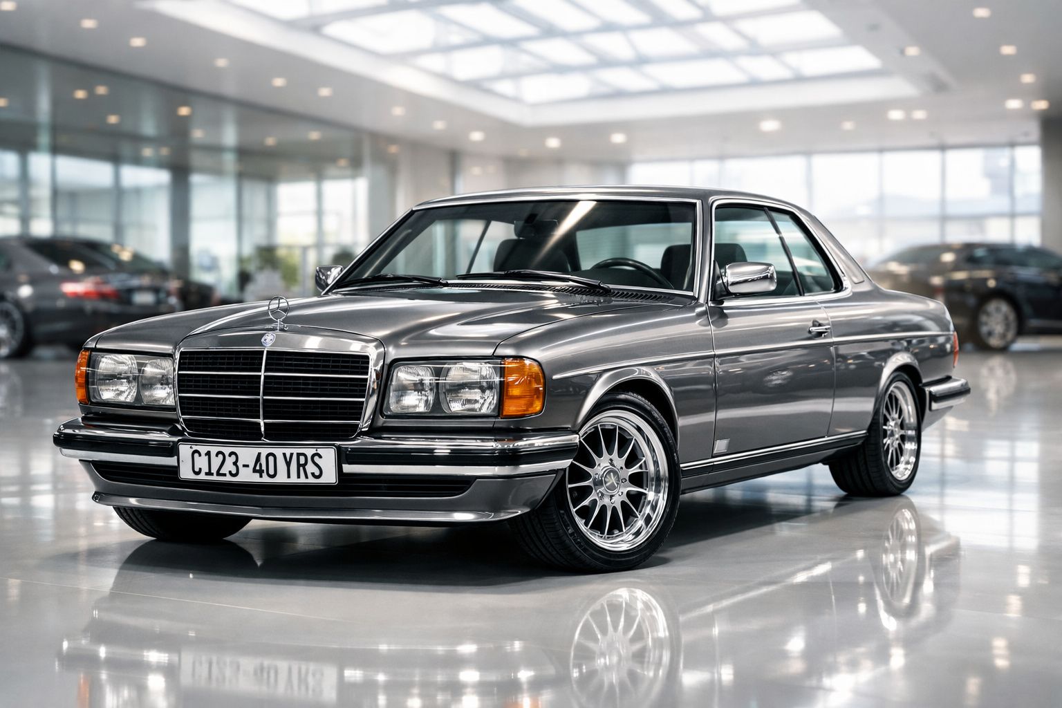 Carro clássico Mercedes-Benz prata brilhante estacionado em interior moderno e iluminado.