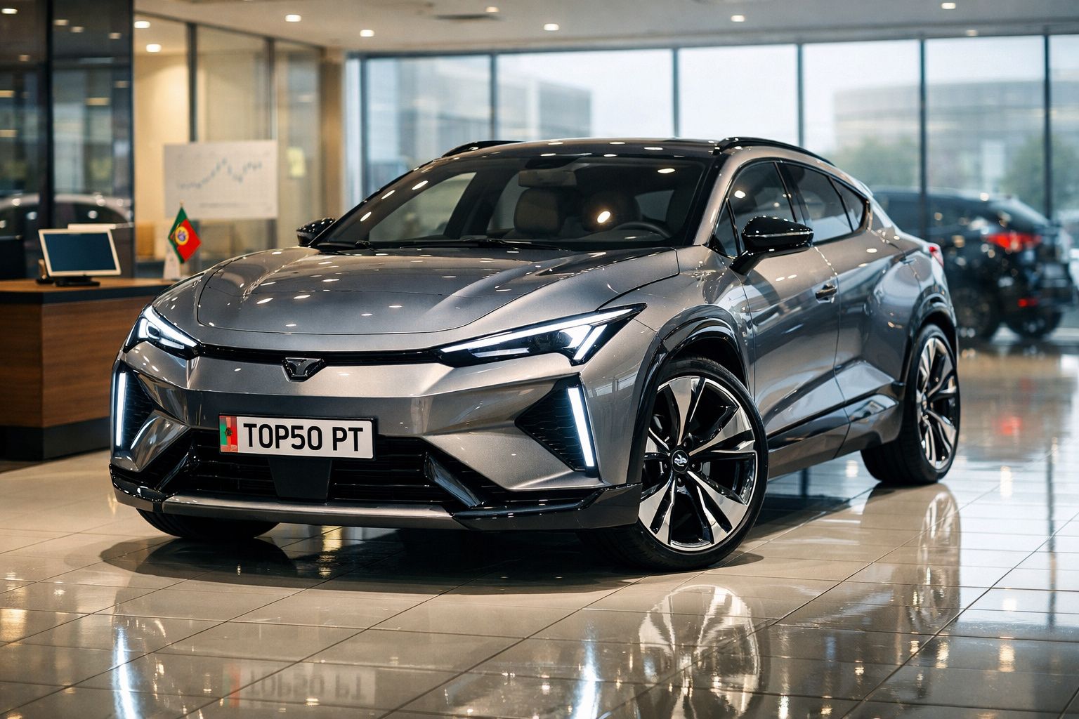 Carro elétrico cinza moderno estacionado em showroom com luzes dianteiras e design aerodinâmico.