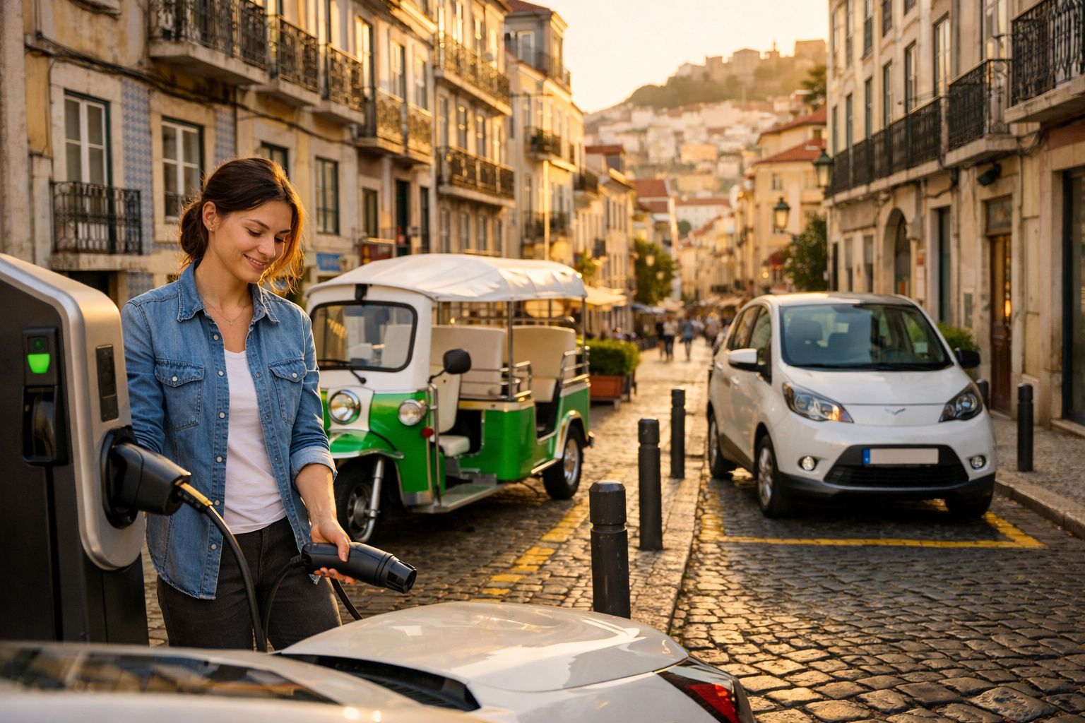 Mulher a carregar carro elétrico numa rua de calçada com edifícios antigos ao entardecer.